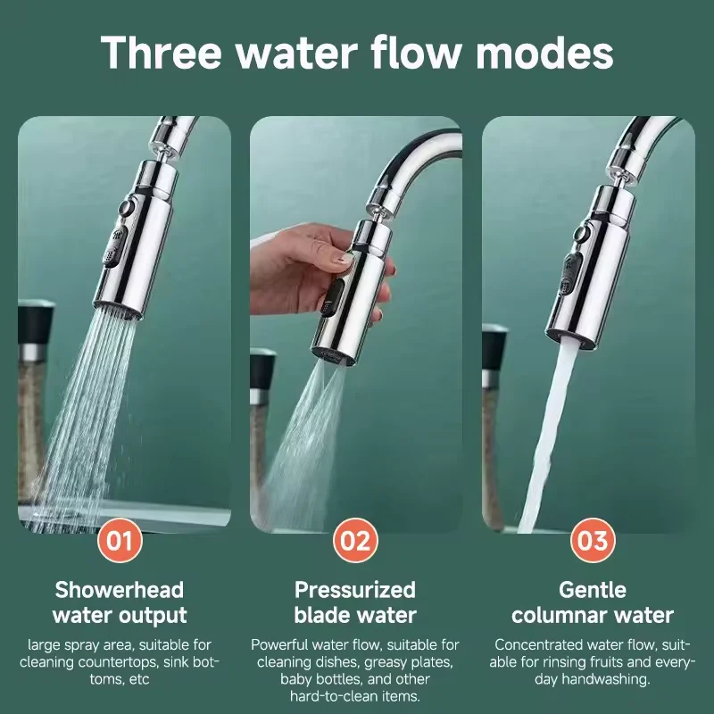 3 Modes Faucet Splash Proof Head Spout Filter Metal Extender Faucet Kitchen Aerator Universal Connector