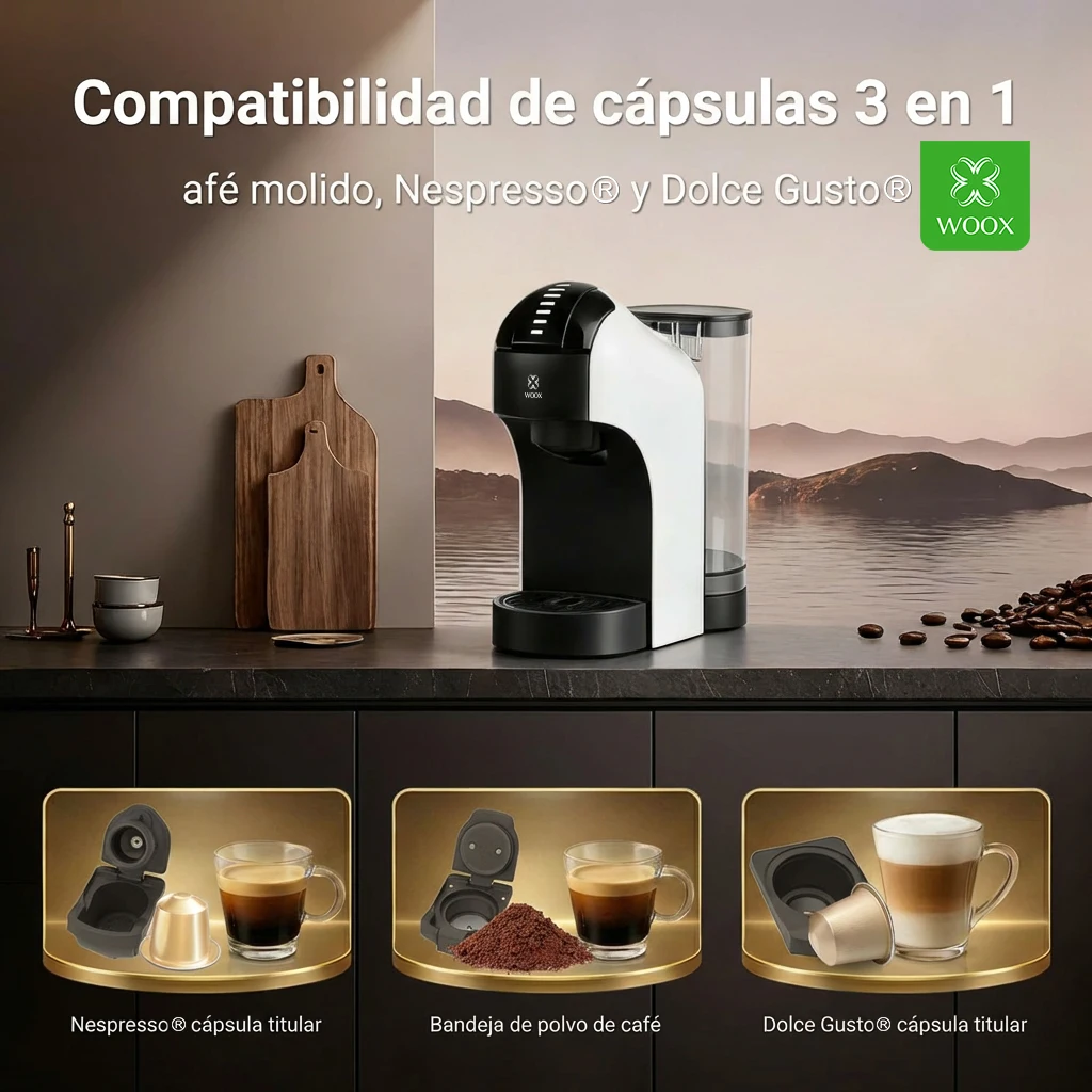 Cafetera de cápsulas 3 en 1 totalmente automática para café molido, Dolce Gusto y Nespresso. Potente motor de 1400 W y 20 bares de presión. Capacidad de 0,85L,Control táctil con 7 niveles de volumen ajustables (hasta 2 tazas),Fácil de limpiar