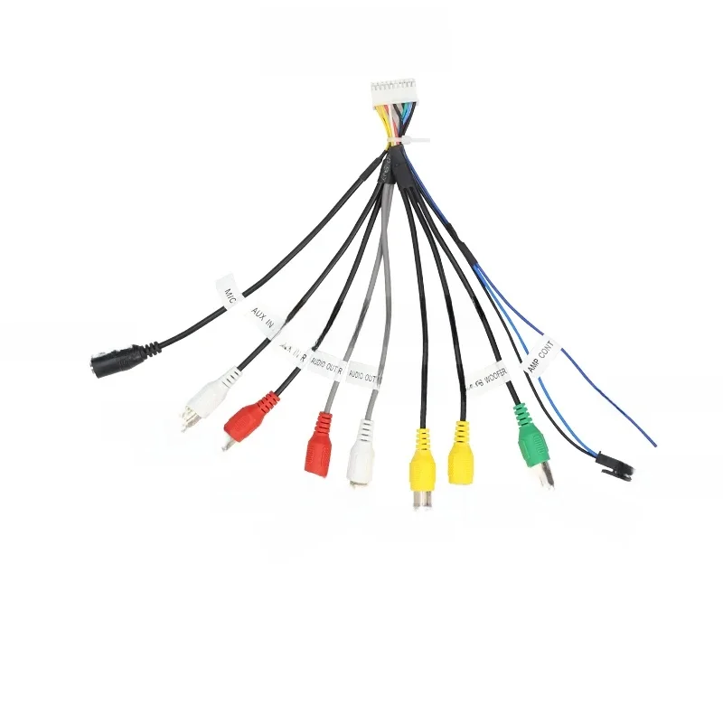 Câble Audio-vidéo Android RCA à 20 broches pour voiture, prise de sortie de caisson de basses CVBS Aux dans l'ampli, fil de commande, ventilateur, prise d'alimentation 12V, micro Harnes