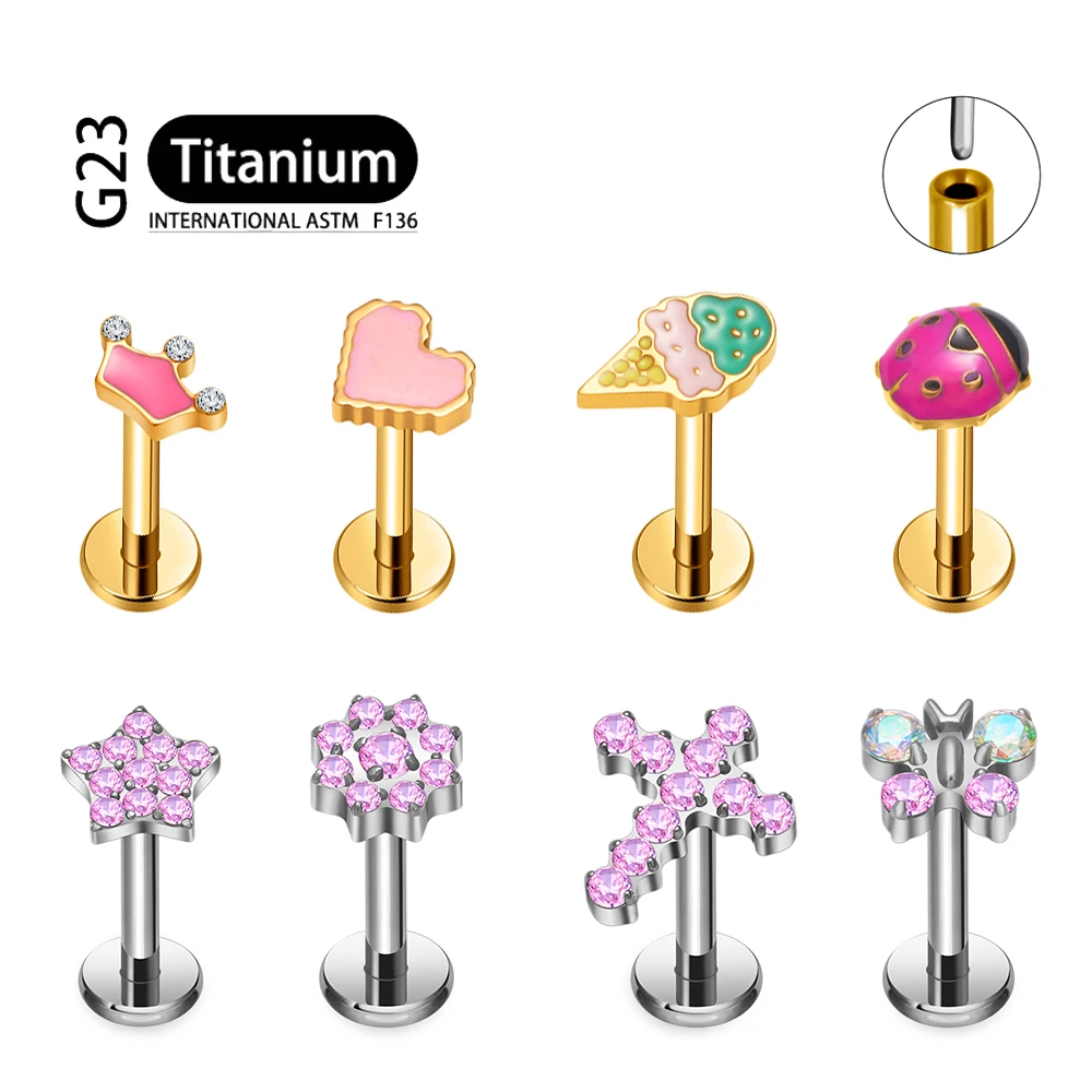 ASTM F136 التيتانيوم Threadless Piercing16G/18 جرام/20 جرام شكل قلب زهرة دفع دبوس Labret الشفاه الدائري مسمار ثقب القرط مجوهرات