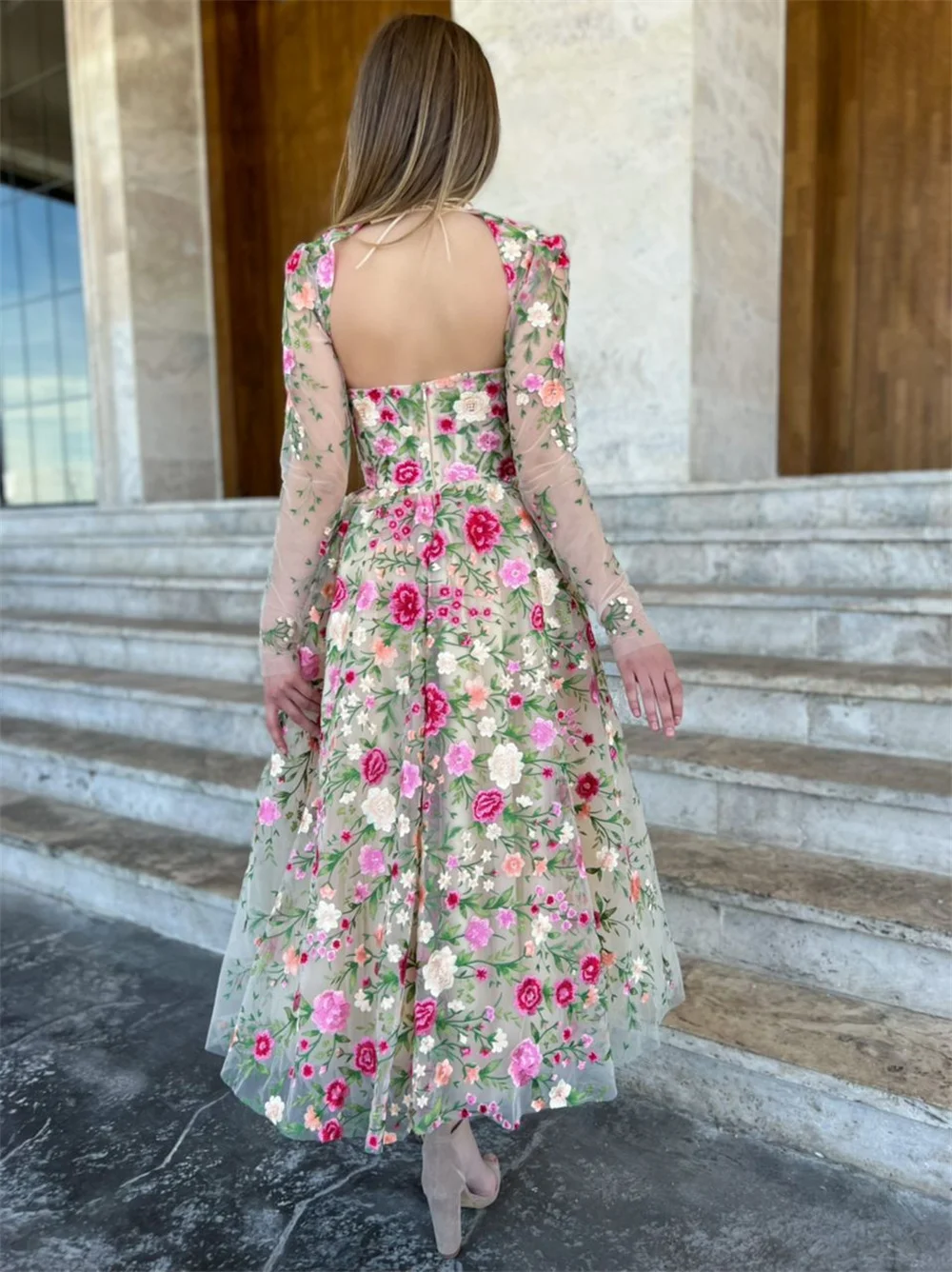 Amanda Flower A-line Evening Dress Sweet Knee Lenght Prom Dress 2023 Long Sleeve Party Dress Open Back  فساتين مناسبة رسمية