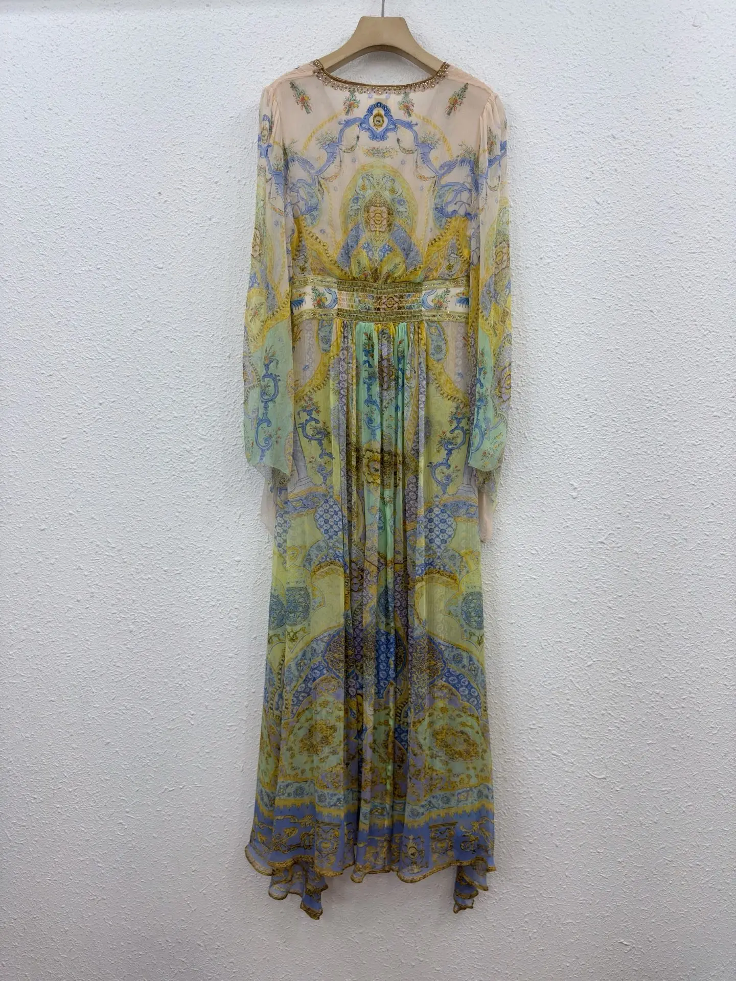 Abito lungo in chiffon con stampa paisley da donna al 100% in vera seta, manica lunga, scollo a V profondo, abito lungo Boho fluido