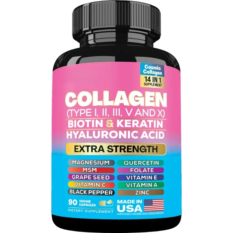 Multi Collagen Complex Capsules Type I II III V X with Biotin Keratin Hyaluronic Acid Hair Skin Nails Supplement 90 Capsules