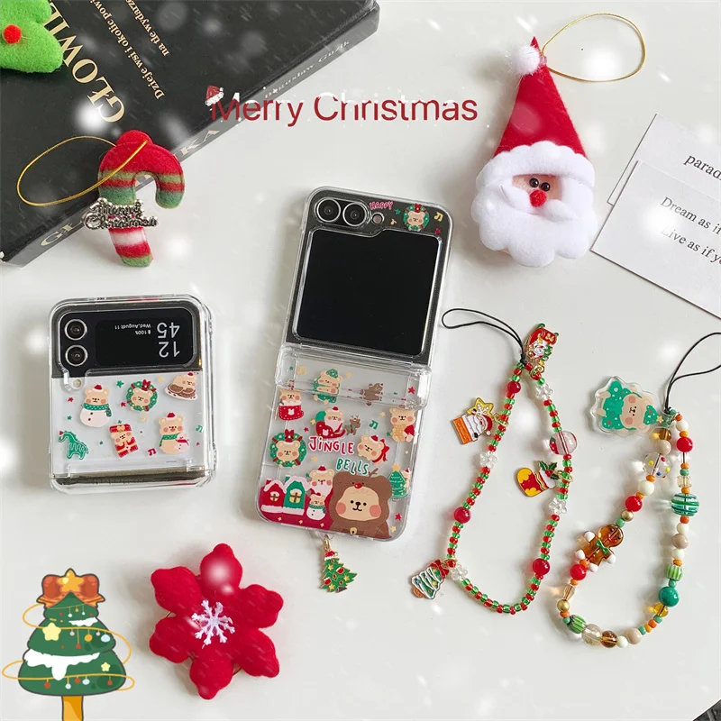 Cartoon Christmas pattern transparent folding card phone case Samsung Galaxy Z Flip6 Flip5 Flip4 zflip3 5G cute hard PC cover