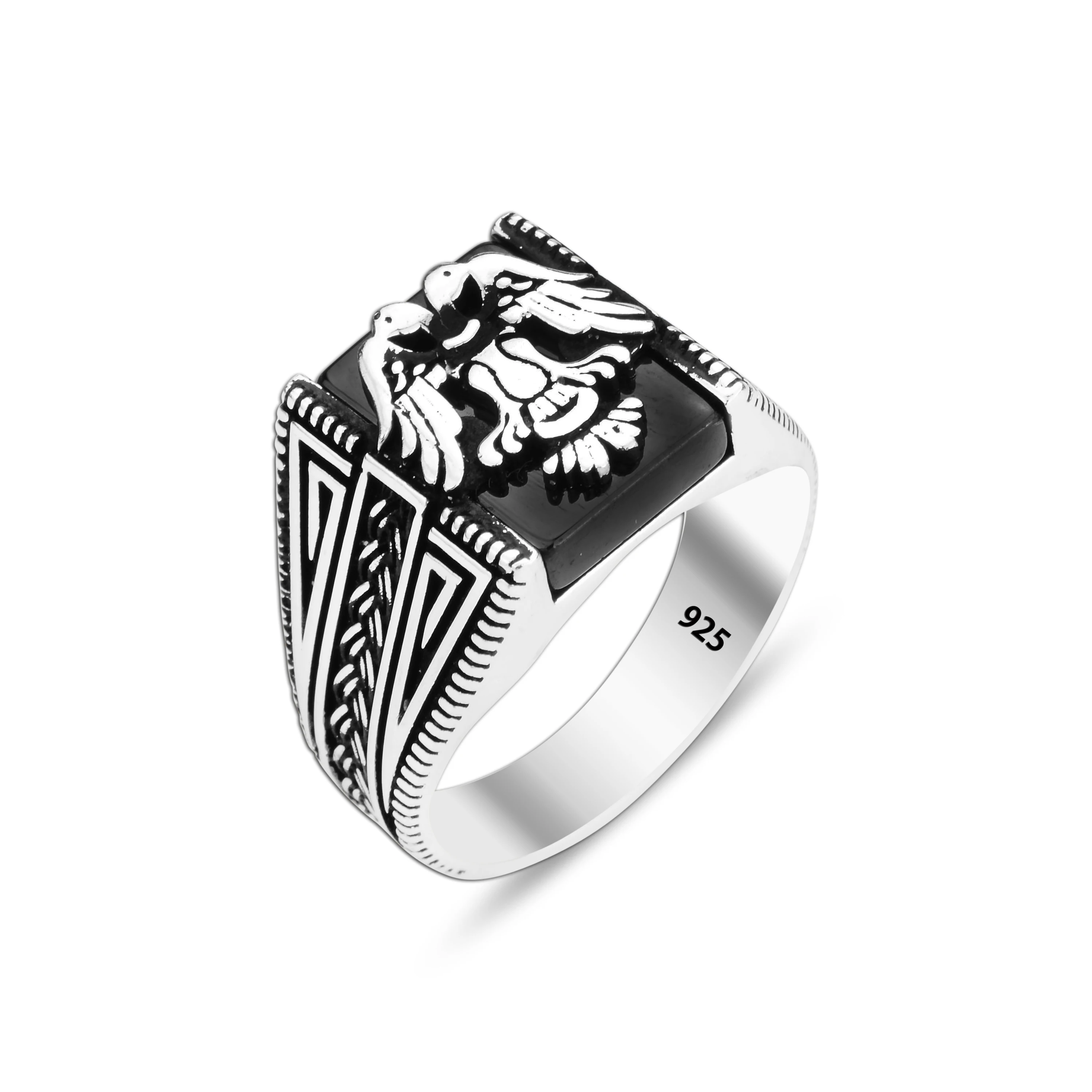 Onyx Stone Eagle Mens Ring, Double Eagle Model Ring, Engraved Silver Ring, Husband Silver Gift Ring, Gift For Father, 925k