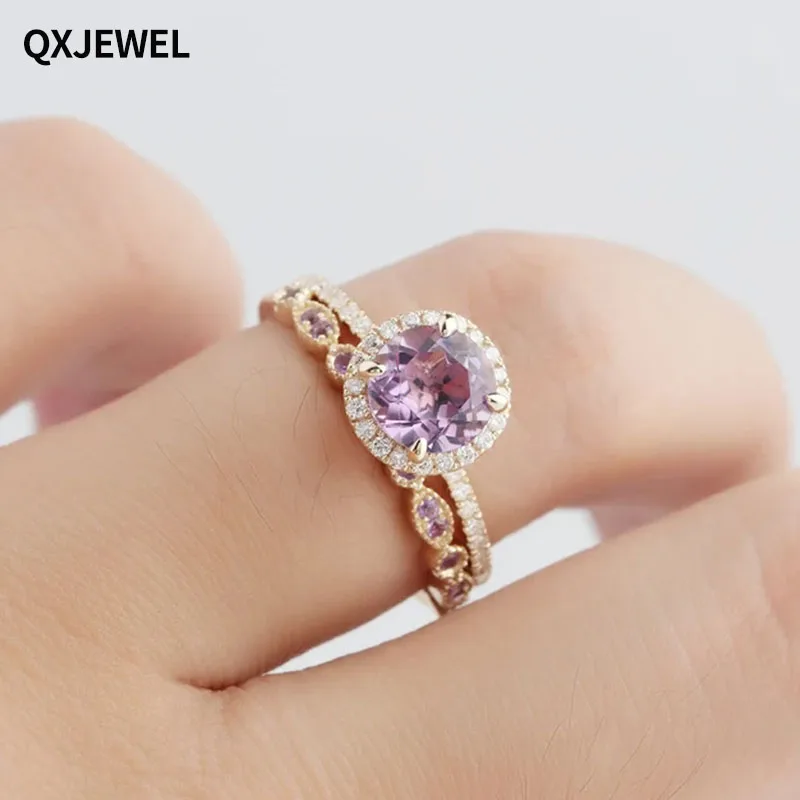 QXJEWEL  14K Solid Gold Engagement Ring 7mm Natural VS Halo Amethyst Wedding Ring Set Fine Jewelry Women Gift Accessories