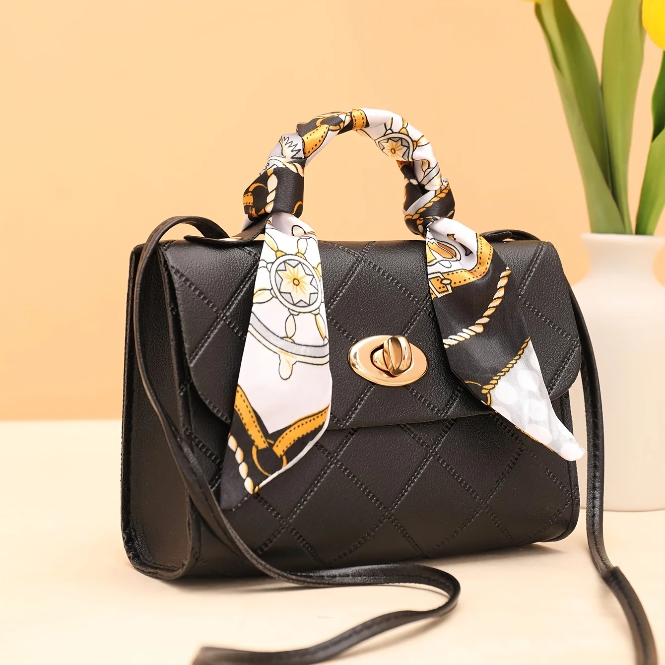 Women's Crossbody Bag, Plaid Embossed Solid Color Casual Small Bag, Silk Scarf Decoration Adds Texture, Compact and Lightweight, Can Be Worn as a Shoulder Bag or Crossbody, Perfect for Everyday Shopping