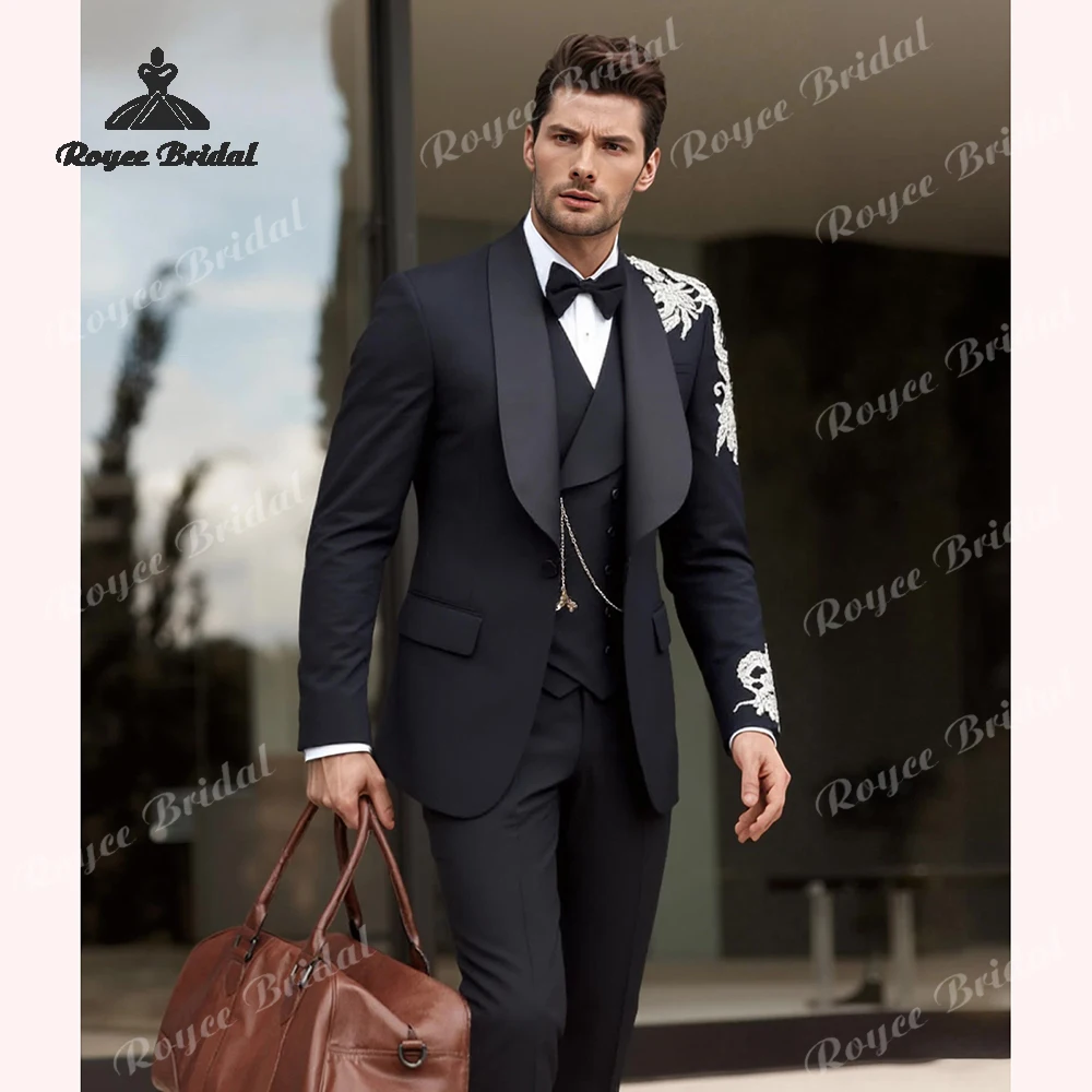 Luxury Appliques Three Piece Single Breasted Wedding Men's Suits 2026 Shawl Collar Slim Fitted costume homme mariage