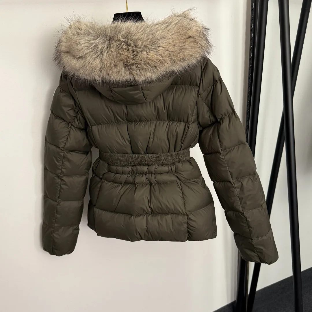 

2025 New Detachable Raccoon Fur Hood Trim 90% White Down Coat, Women's Warm Long Sleeve Puffer Jacket in Military Green & Black