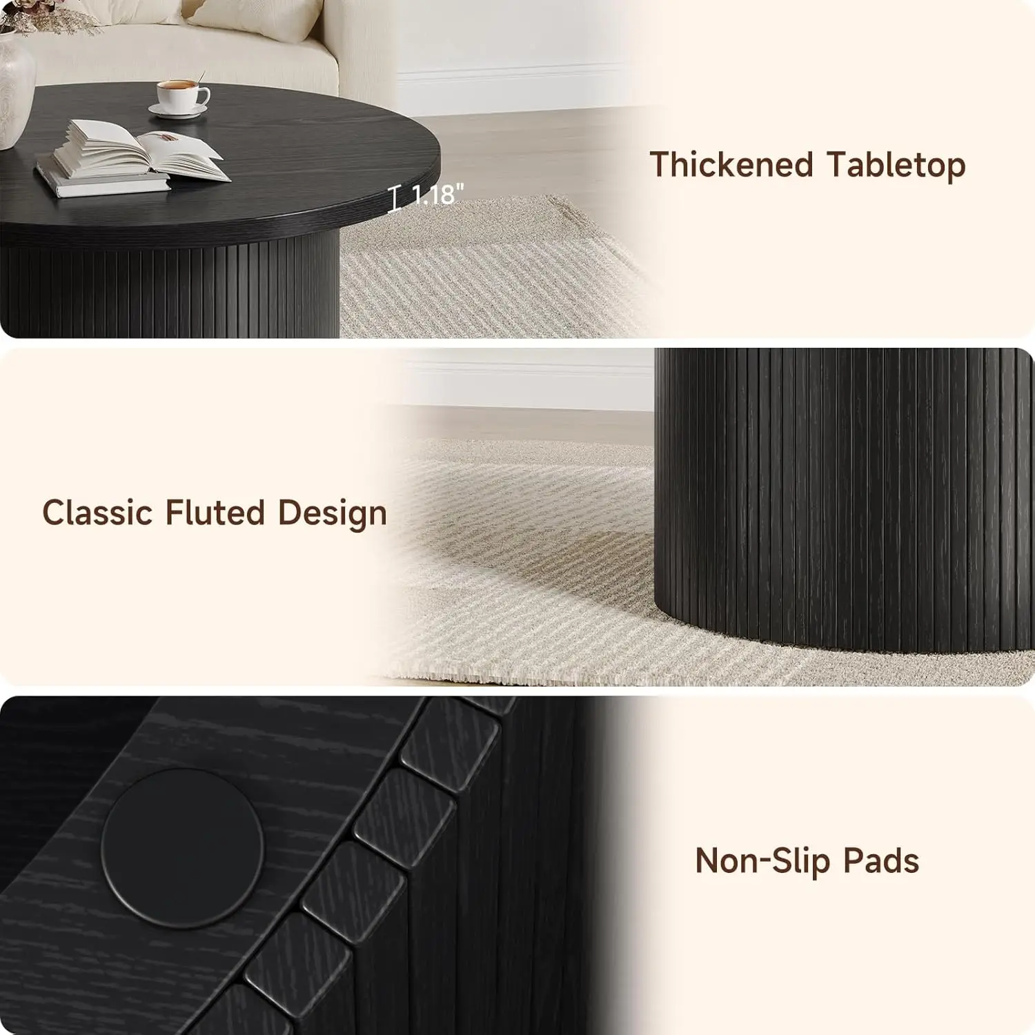 31.5" Modern Round Coffee Table Mid Century, Fluted Tambour Drum Design Engineered Wood Small Center Table for Living Room, Black