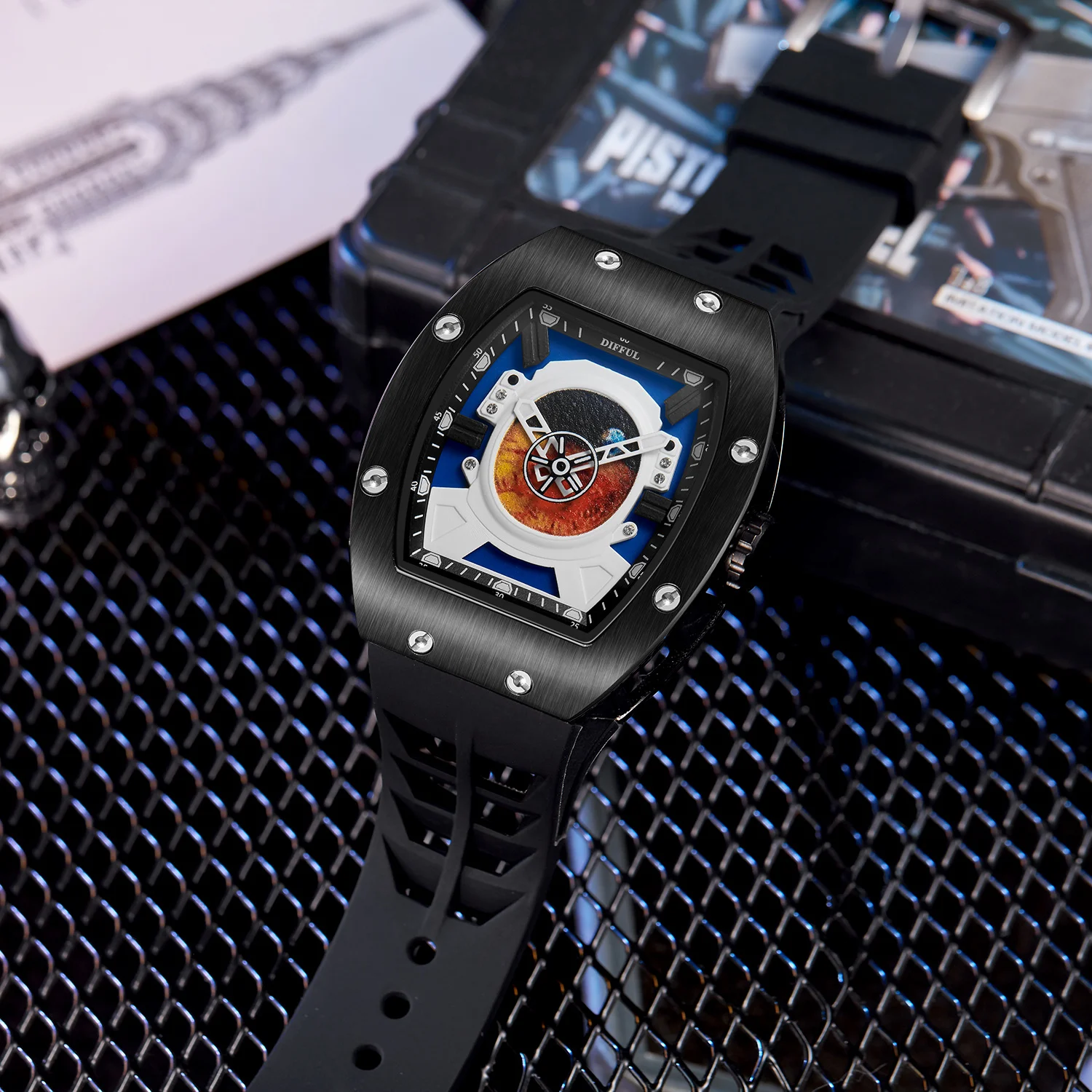 DIFFUL orologio da uomo al quarzo astronauta con movimento giapponese e cinturino in caucciù di qualità di lusso di marca