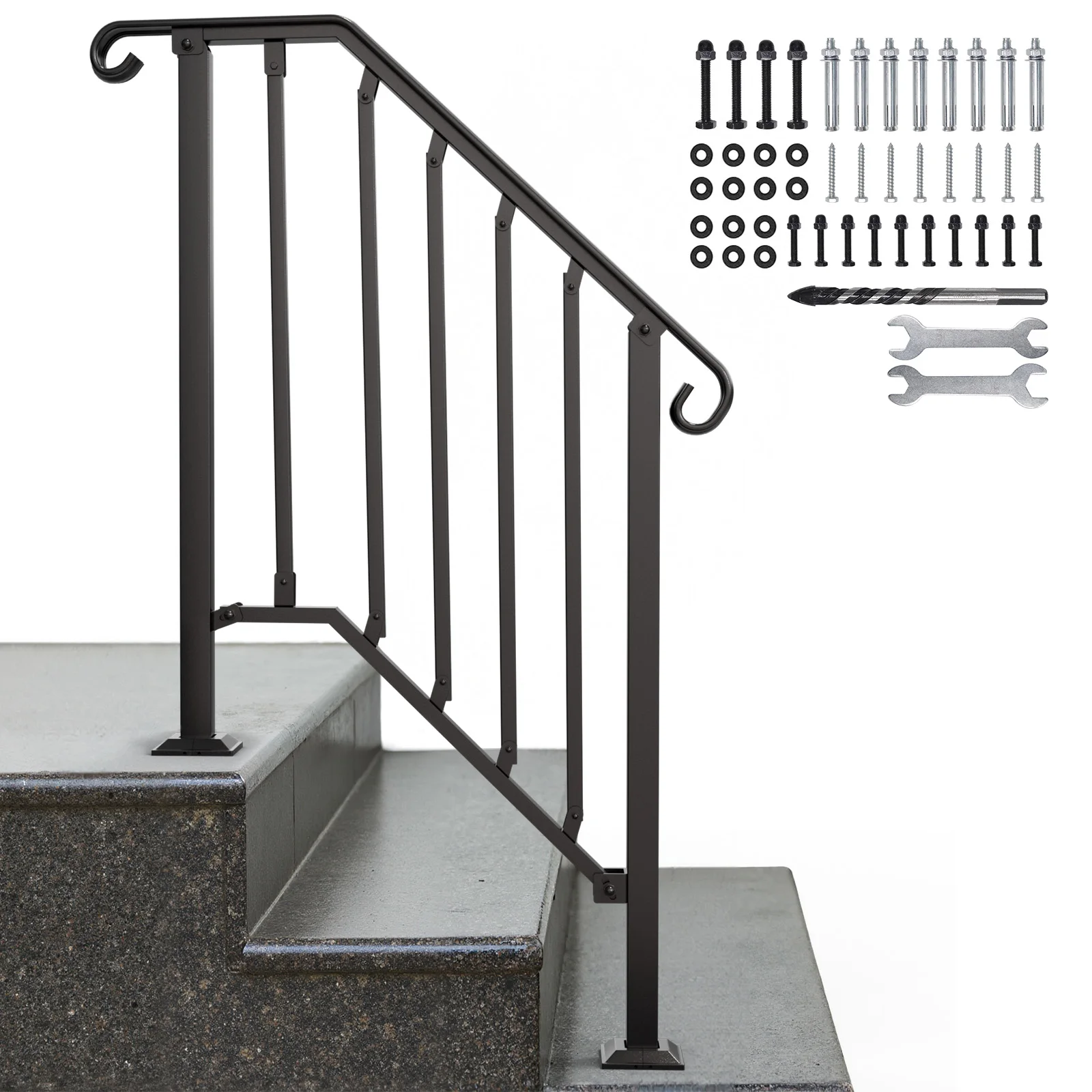 

Adjustable Handrails for Outdoor Steps Handrail Fits 2 or 3 Steps Mattle Wrought Iron Handrail Stair Rail with Installation Kit