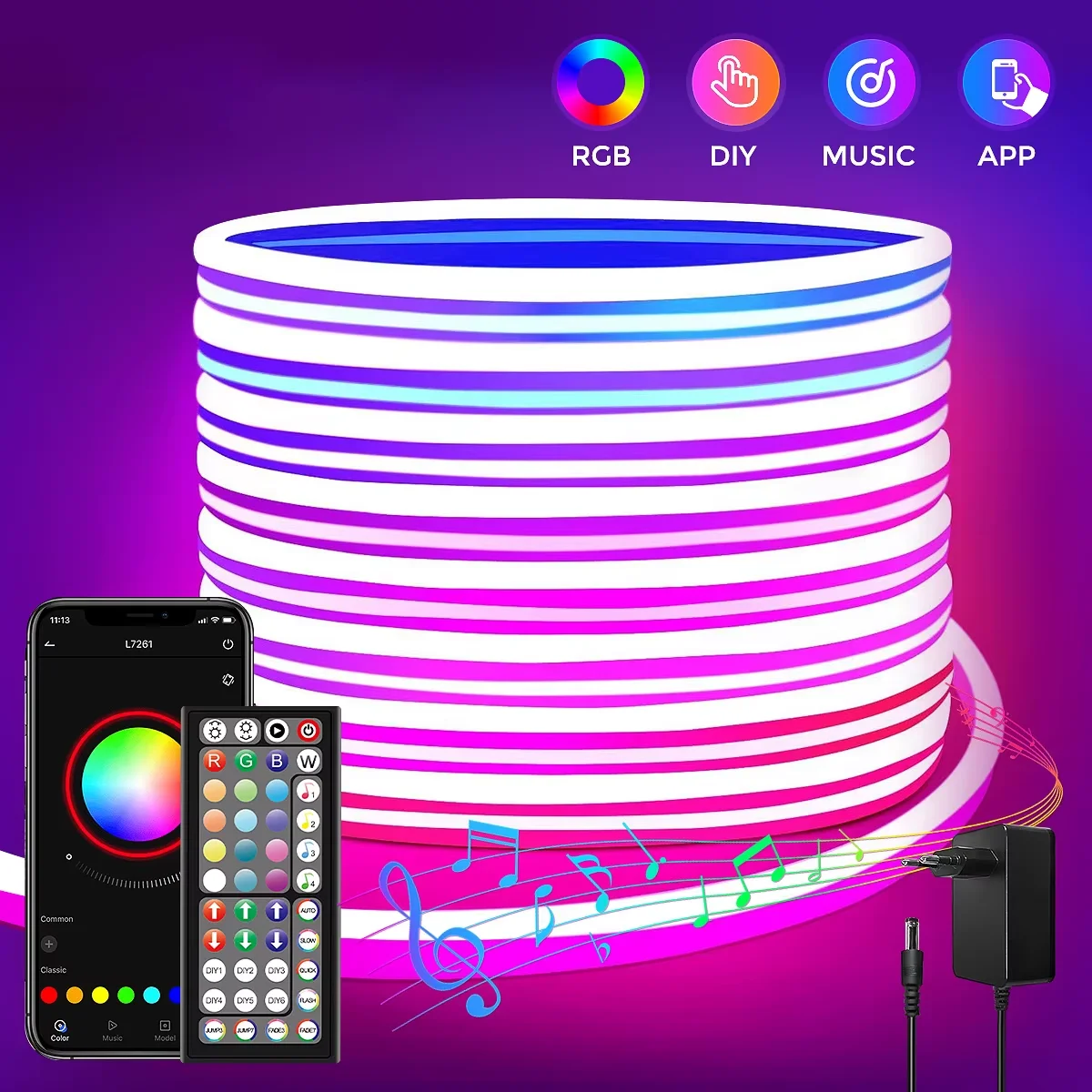 1M/10M RGB Neon Light Strip with APP &Remote, Color Change Waterproof Music Sync Mode for Bedroom Room Outdoors Decro