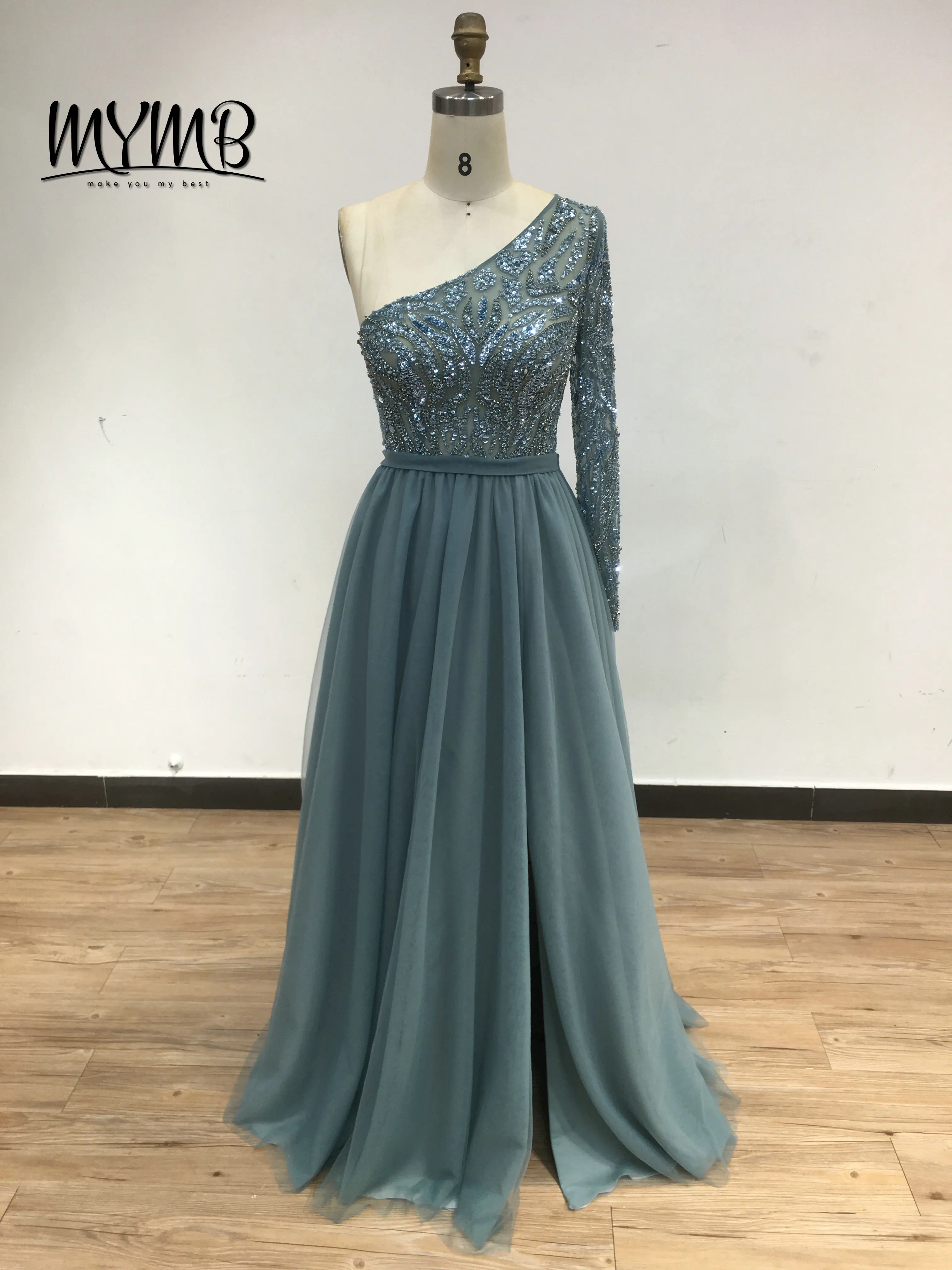 MYMB Floor Length Bridesmaid Party Clothing Luxury Handmade Beaded One Shoulder Long Graduation Evening Dress Plus Size AM20202C