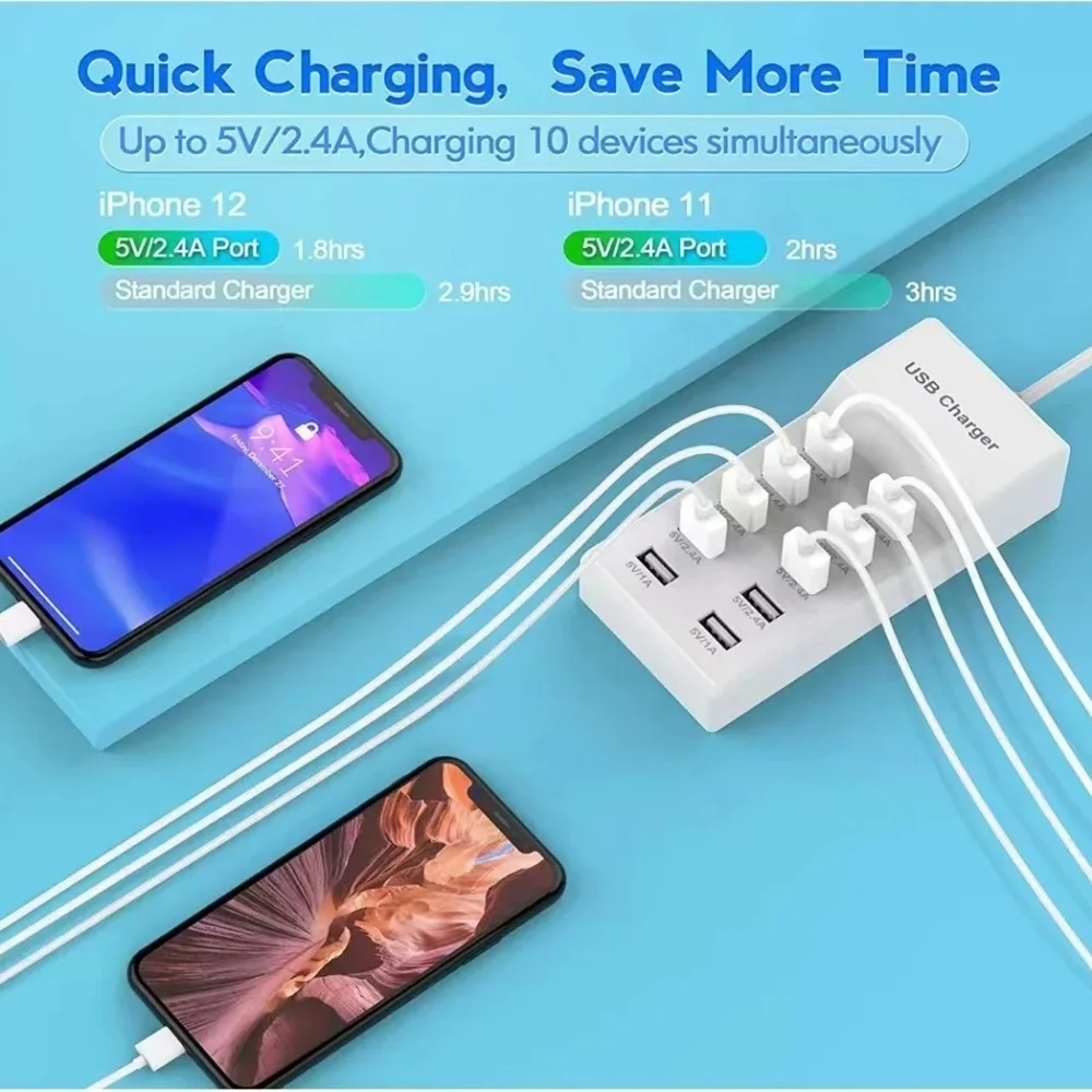 Multiport USB Charger 50W Fast Charging Phone Extension Socket Type C Hub Adapter For iPhone Samsung Xiaomi 10-Ports USB Charger