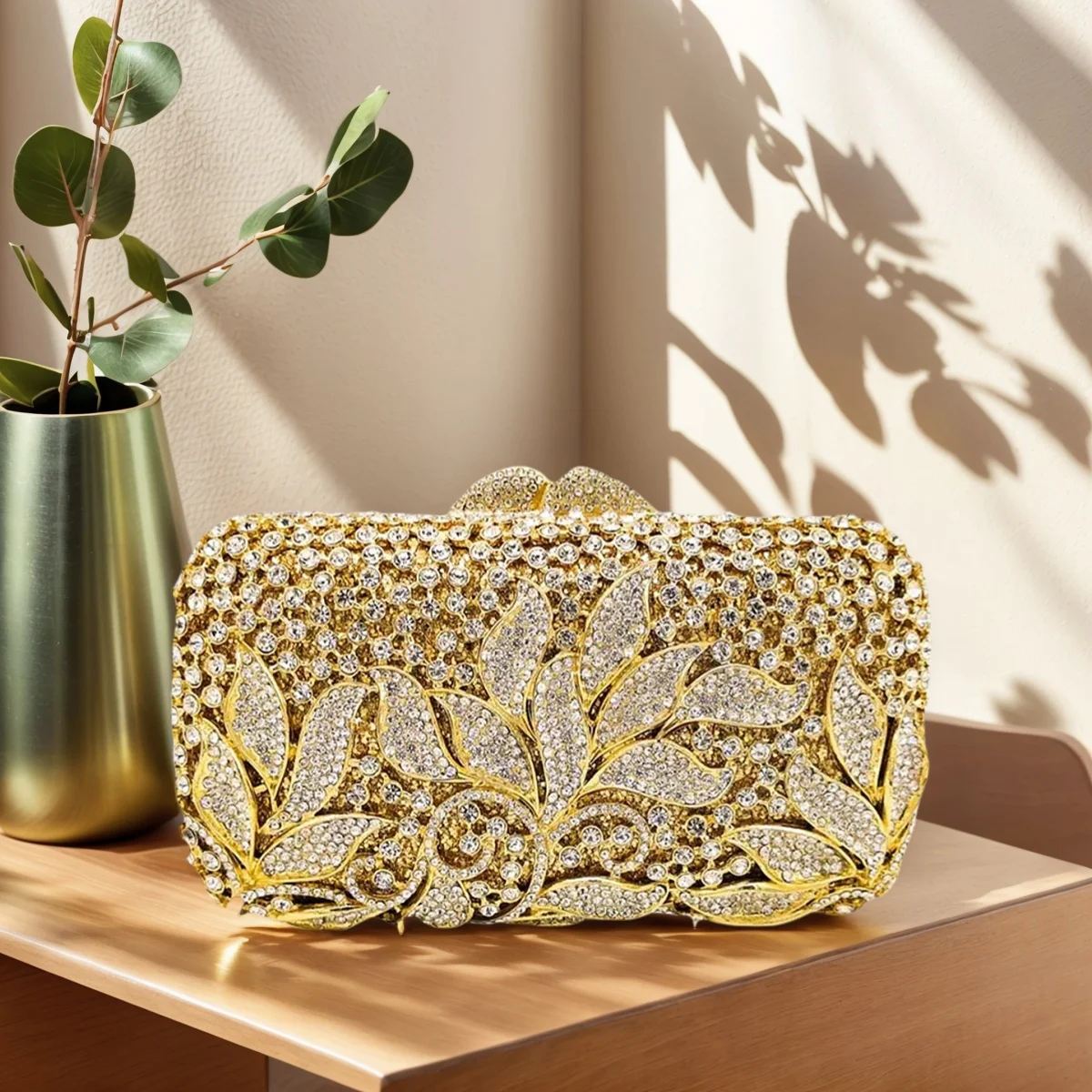 

Elegant Women Leaves Pattern Rhinestone Evening Bag Floral Crystal Clutch Purse Flower Bridal Handbag for Prom Cocktail