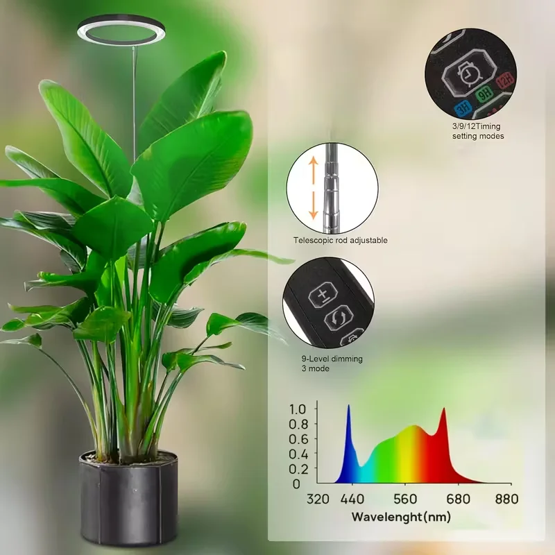 ضوء LED للنباتات الداخلية قابل للتعديل، 72 خرزة كاملة الطيف، مع مؤقت تلقائي، سطوع قابل للتعديل، حامل قابل للسحب، لمسة نهائية مطلية بالأعلى، تعمل بمنفذ USB، مناسبة جدًا للنباتات الكبيرة