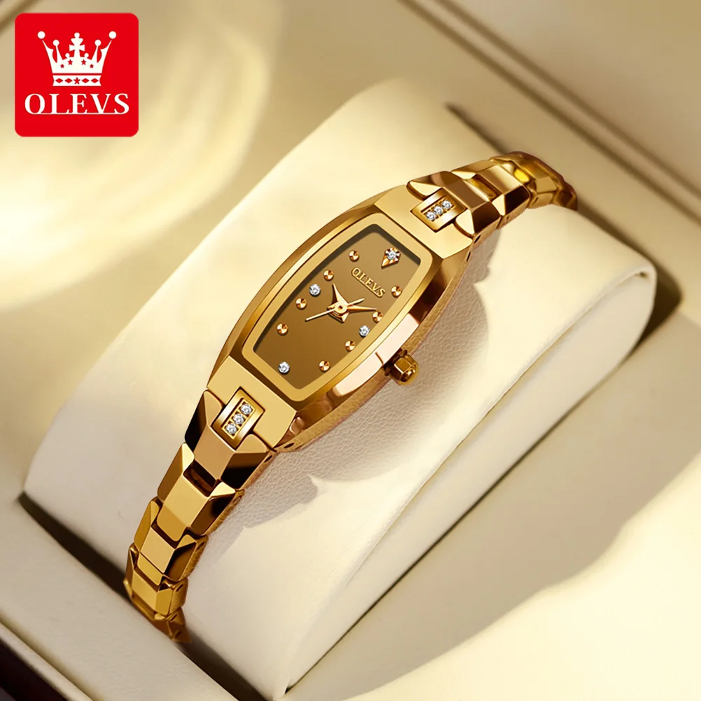 OLEVS Womens Gold Watches Japan Quartz Movement Luxury Elegant Diamond Square Ladies Dress  Small Slim Thin Wrist Watch