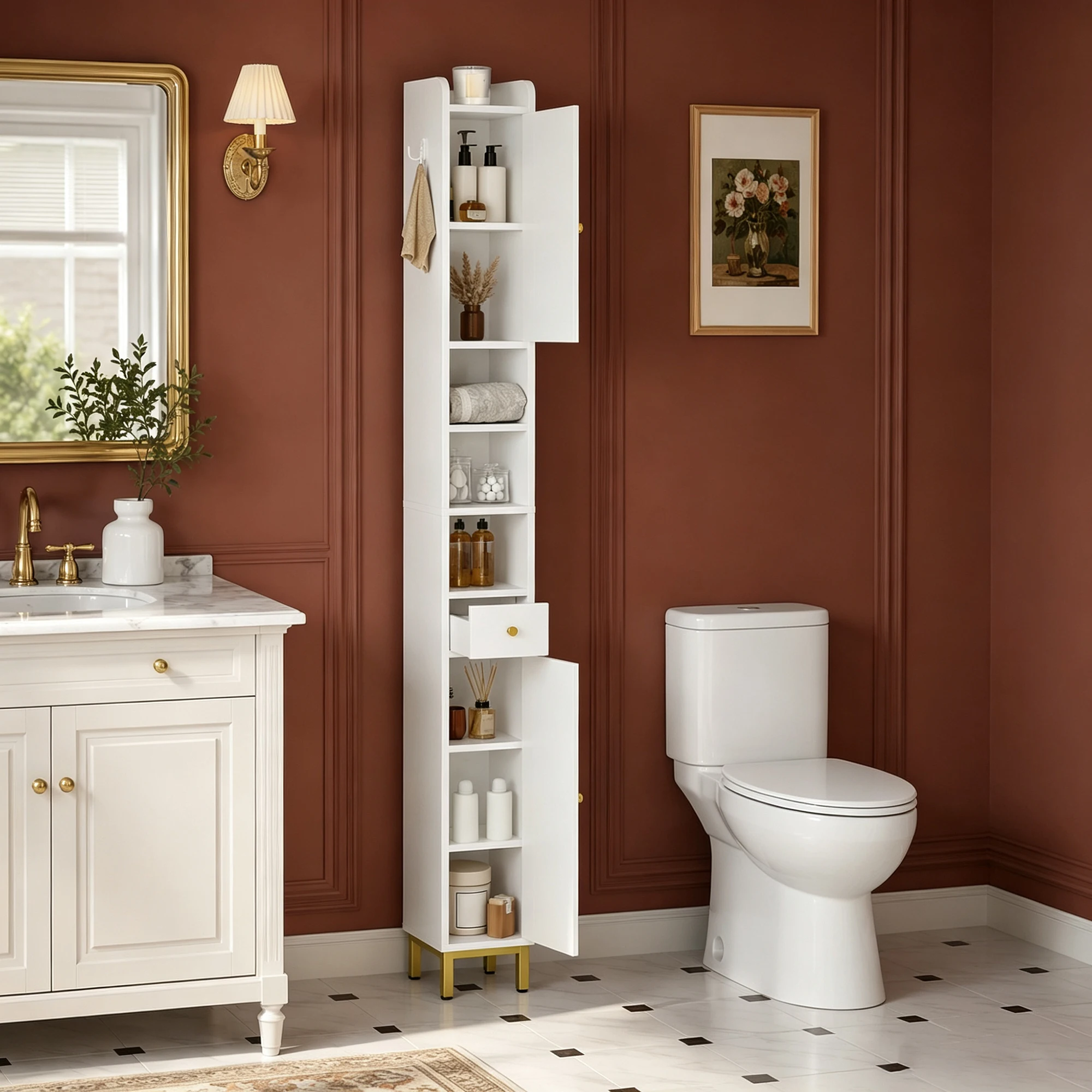 Mobiletto Alto da Bagno, Armadietto da Bagno, Porta Carta Igienica Alto con 2 Ante e Cassetto, Scomparto Aperto, Bianco