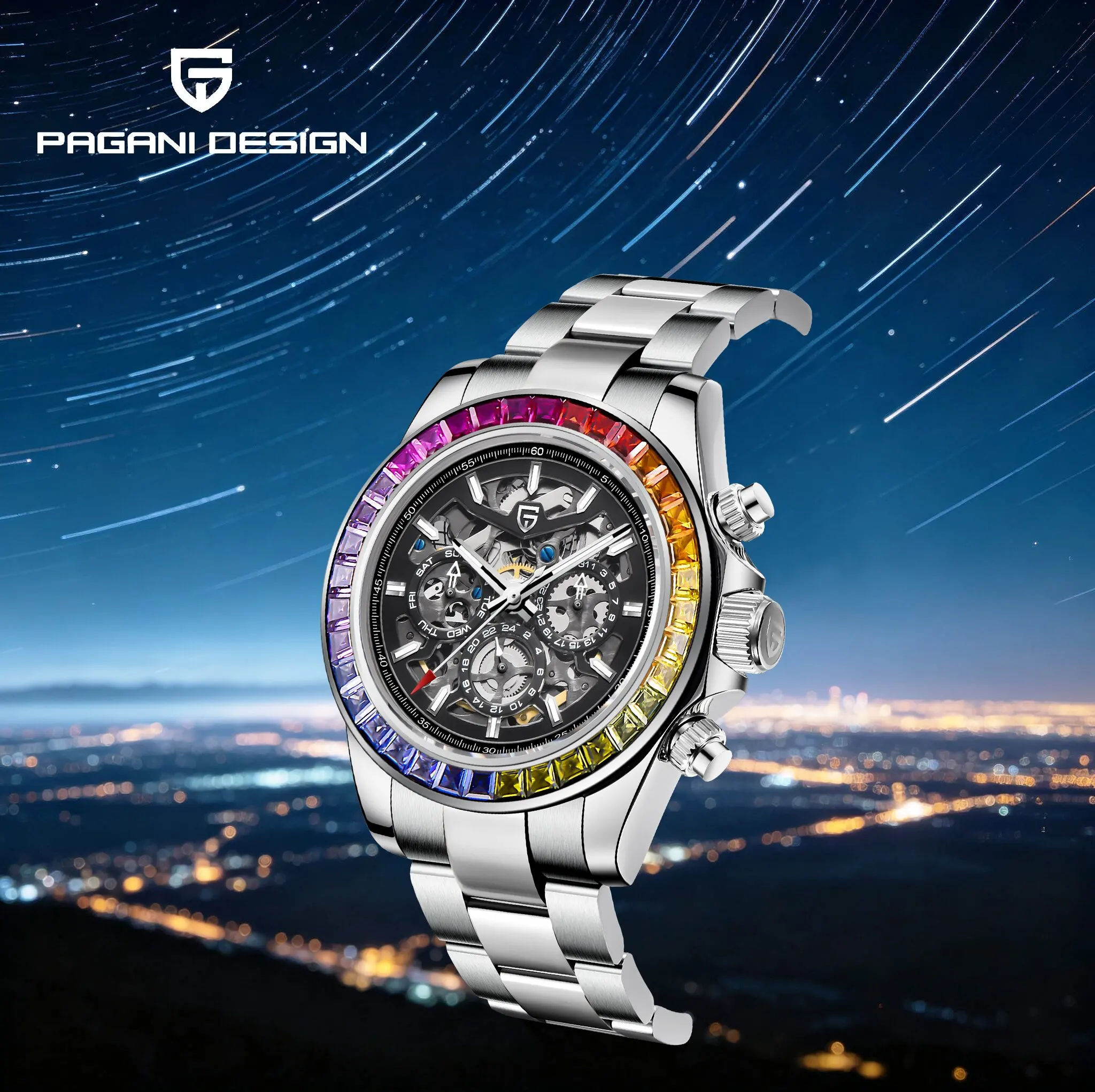 PAGANI DESIGN Luxury Racing Skeleton Men Automatic Mechanical Watch 3 Sub‑Dials Stainless Sapphire Day & Date Display Dive Watch