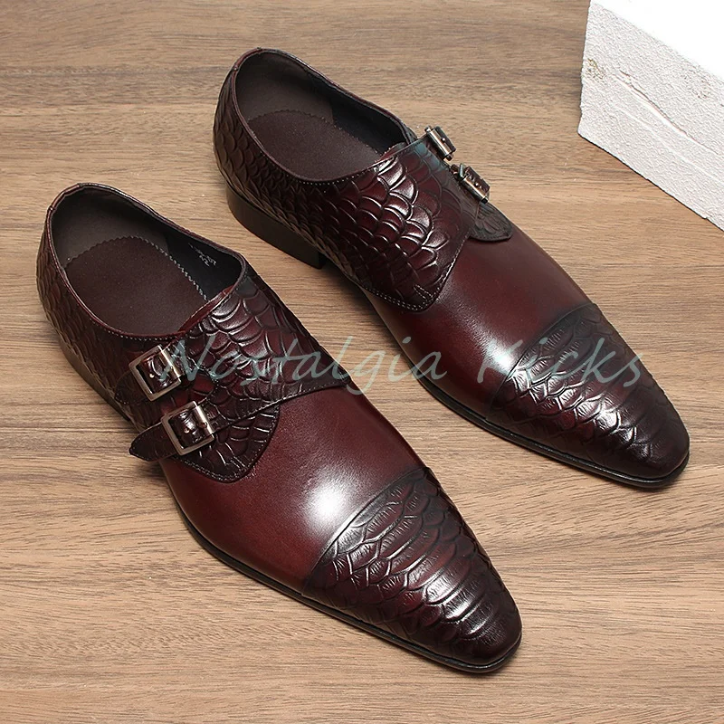 Chaussures de luxe Crocodile en relief à Double boucle pour hommes, chaussures Oxford d'affaires formelles à bout pointu en cuir véritable, rouge vin