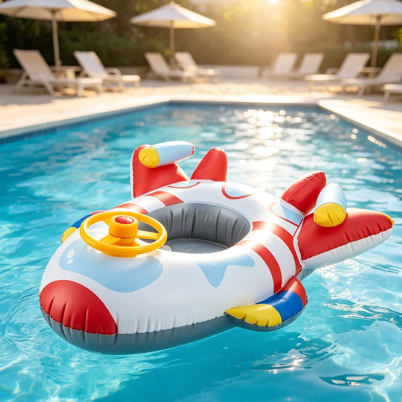 Inflatable Pool Float Airplane Swim Ring with Seat and Steering Wheel, Ride-On Water Lounge for Swimming Pool Beach Summer Fun