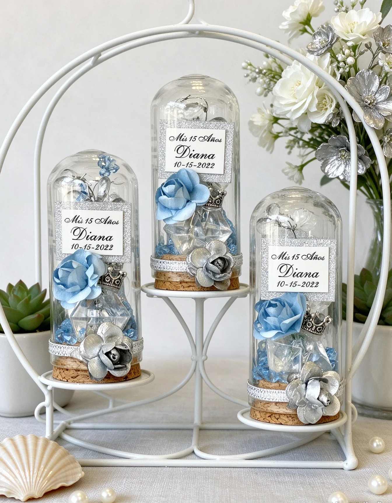 Custom Royal Blue Glass Cloche Dome Favors, Quinceanera Wedding Party Favors for Guests, Personalized Dome Keepsake Gift