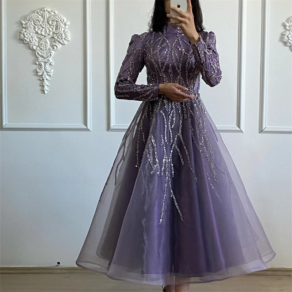 15879# Arabic Long Sleeves High Neck Sequined Beaded Lace A-line Muslim Hijab Evening Dress Islamic Prom Gown Women Customized