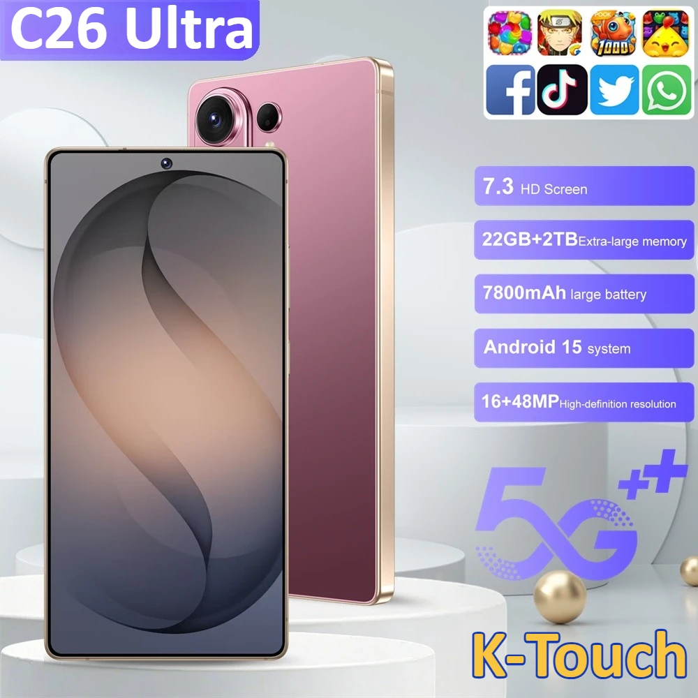 K-Touch NOUVEAU Téléphone portable C26 Ultra Smartphone 7.3HD 5G Double carte double veille Téléphone portable pas cher 7800mAh Android 15 WIFI GPS Version mondiale Téléphones pour hommes et femmes
