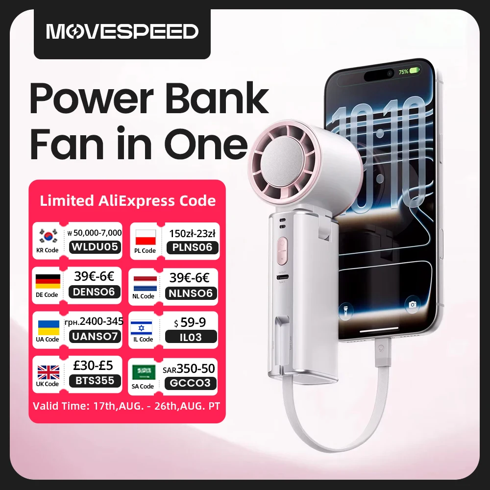 【CCC】MOVESPEED P32 Powerbank & Lüfter 2 in 1, tragbar, 10000 mAh, 22,5 W, schnelles Aufladen, Powerbank, externer Akku und Lüfter für den Außenbereich