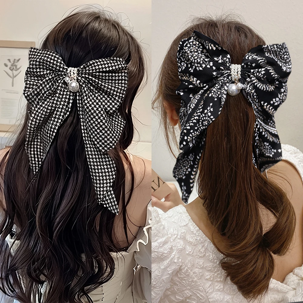 [2 pieces set] Women's Paisley Ribbon Tincers Pins Half-tied Hair Automatic Pin Ribbon Pin Ponytail Hairpin Heet affin