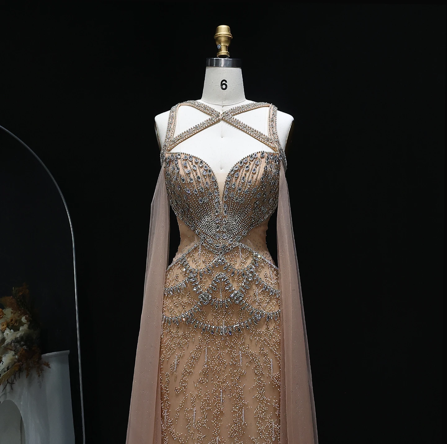 Sharon SaidLuxury Kristall Arabisch Meerjungfrau Champagner Abendkleid mit Cape Ärmeln Elegantes Hochzeitskleid SS211 Maßgeschneidert