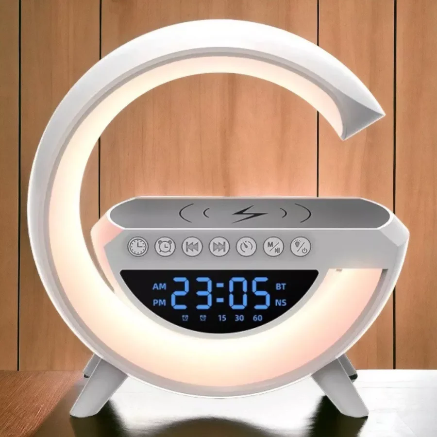 Despertador COM RELÓGIO em forma de G LED Multifuncional 6 em 1 Rádio Recarregador RGB Recarregamento de celular por indução