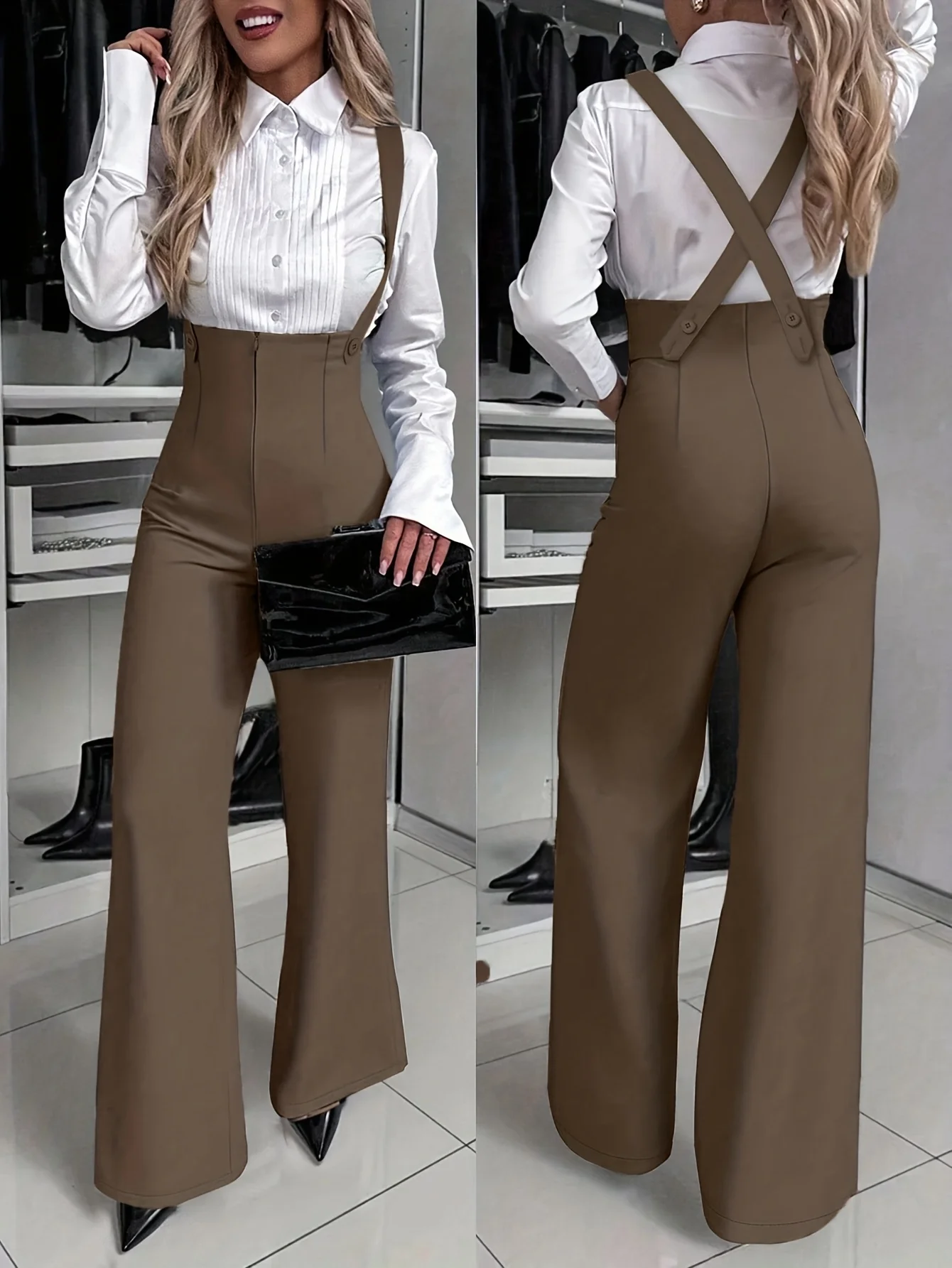 

Женский осенний элегантный комбинезон с широкими штанинами, однотонный, на пуговицах, с перекрестными бретелями на спине, простой и стильный для повседневной носки.