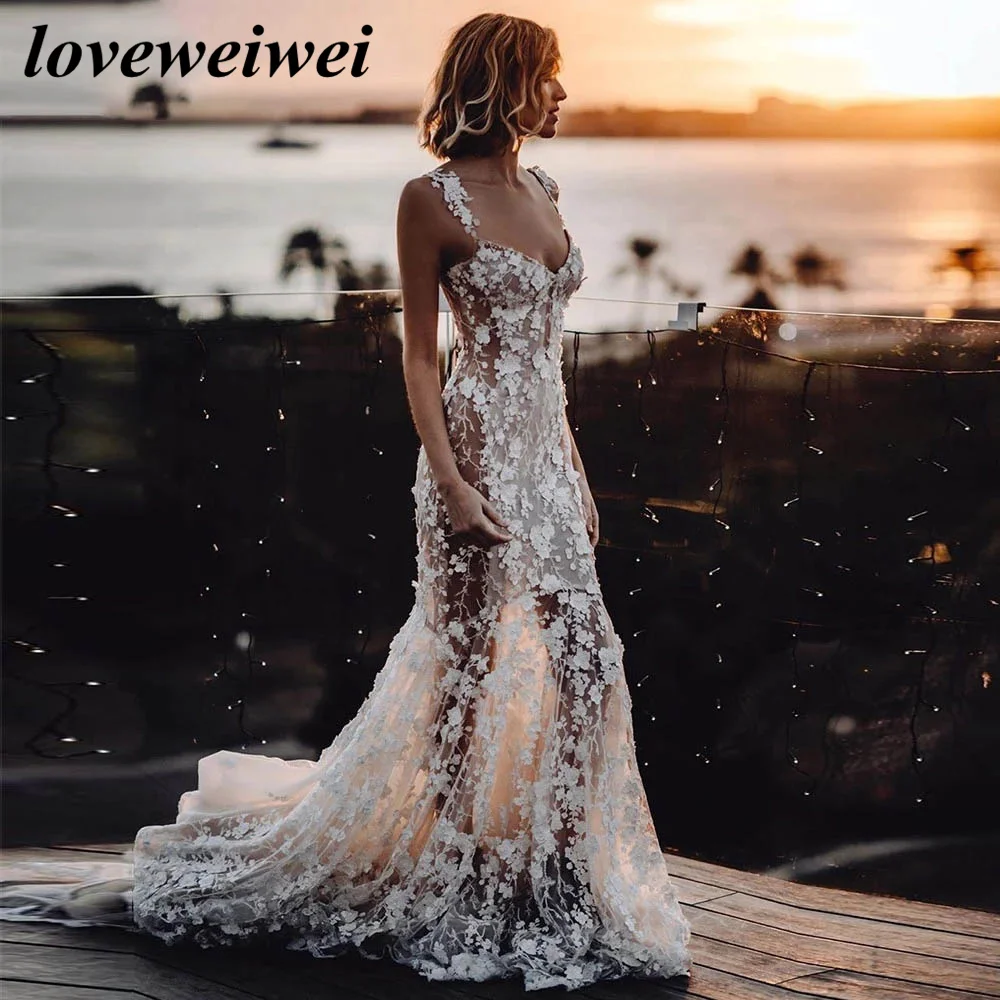 Spaghetti Straps Mermaid Wedding Dress Lace Applique Wedding Gown Boho Flowers Bridal Dress Sweetheart Bridal Gown Vestido Novia