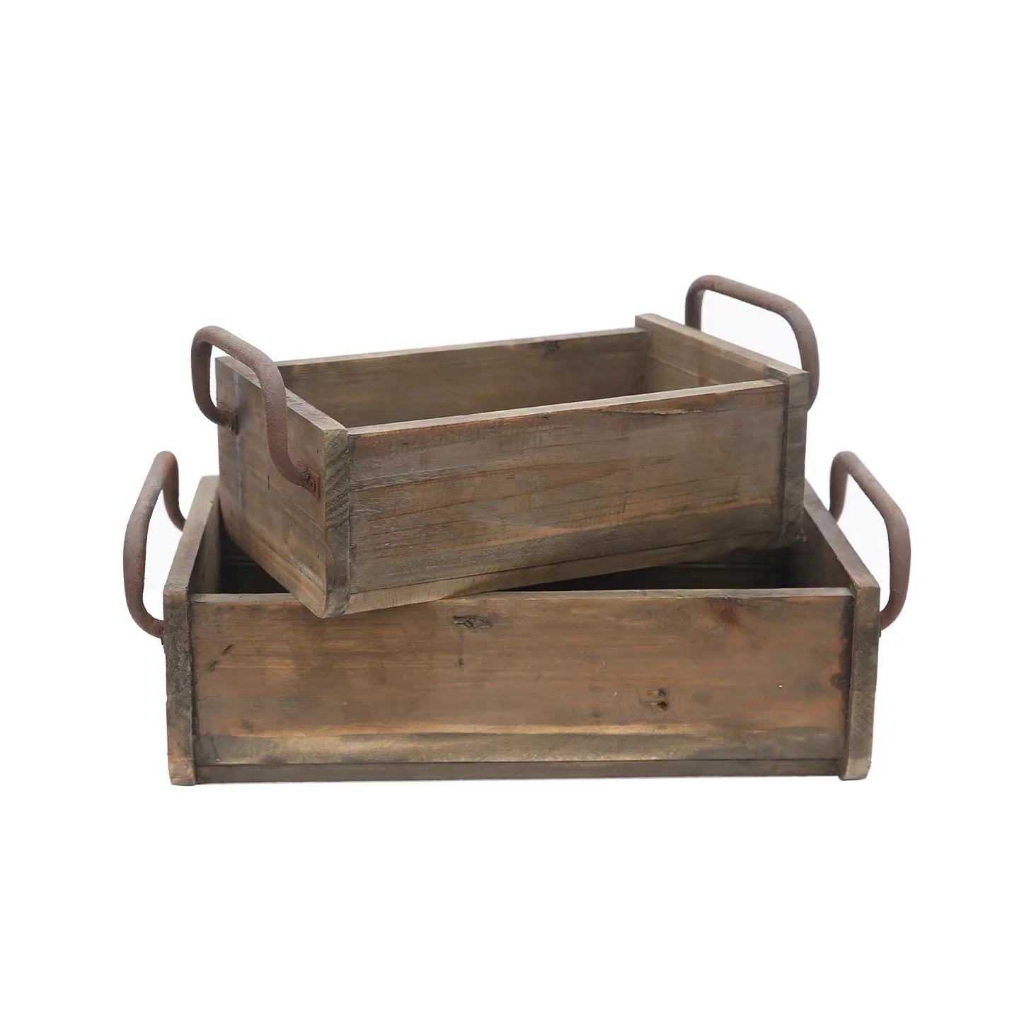 Rustic Solid Wood Storage Box with Iron Handles, Farmhouse Organizer Tray, Vintage Display Crate for Kitchen Garden