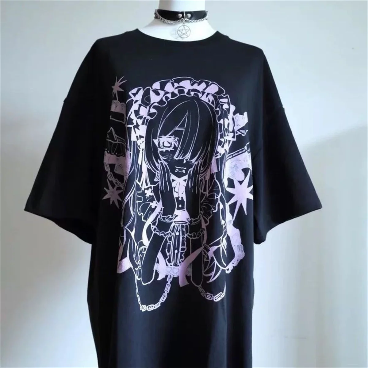 Japanische Cartoon-Print Y2K T-Shirts für Damen, Harajuku Sommer Casual Fairy Grafik T-Shirt, Vintage Oberteile, Schwarzes Oversized Ästhetisches T-Shirt – Detail 2