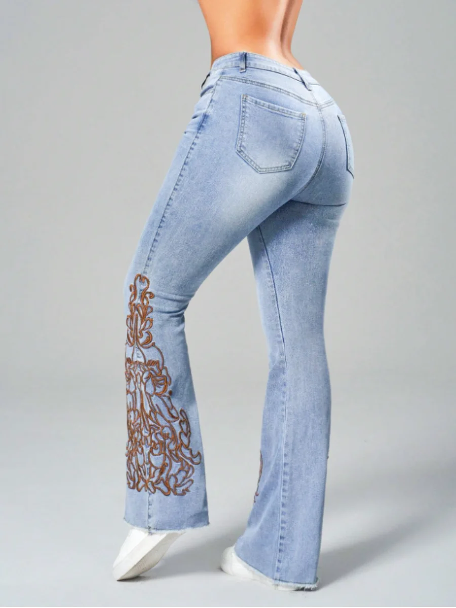 【HME】Jeans for Women High Waist Floral Embroidery Flare Leg Jeans Jeans Women'S Flare Jeans With Printing Side Design Blue Denim