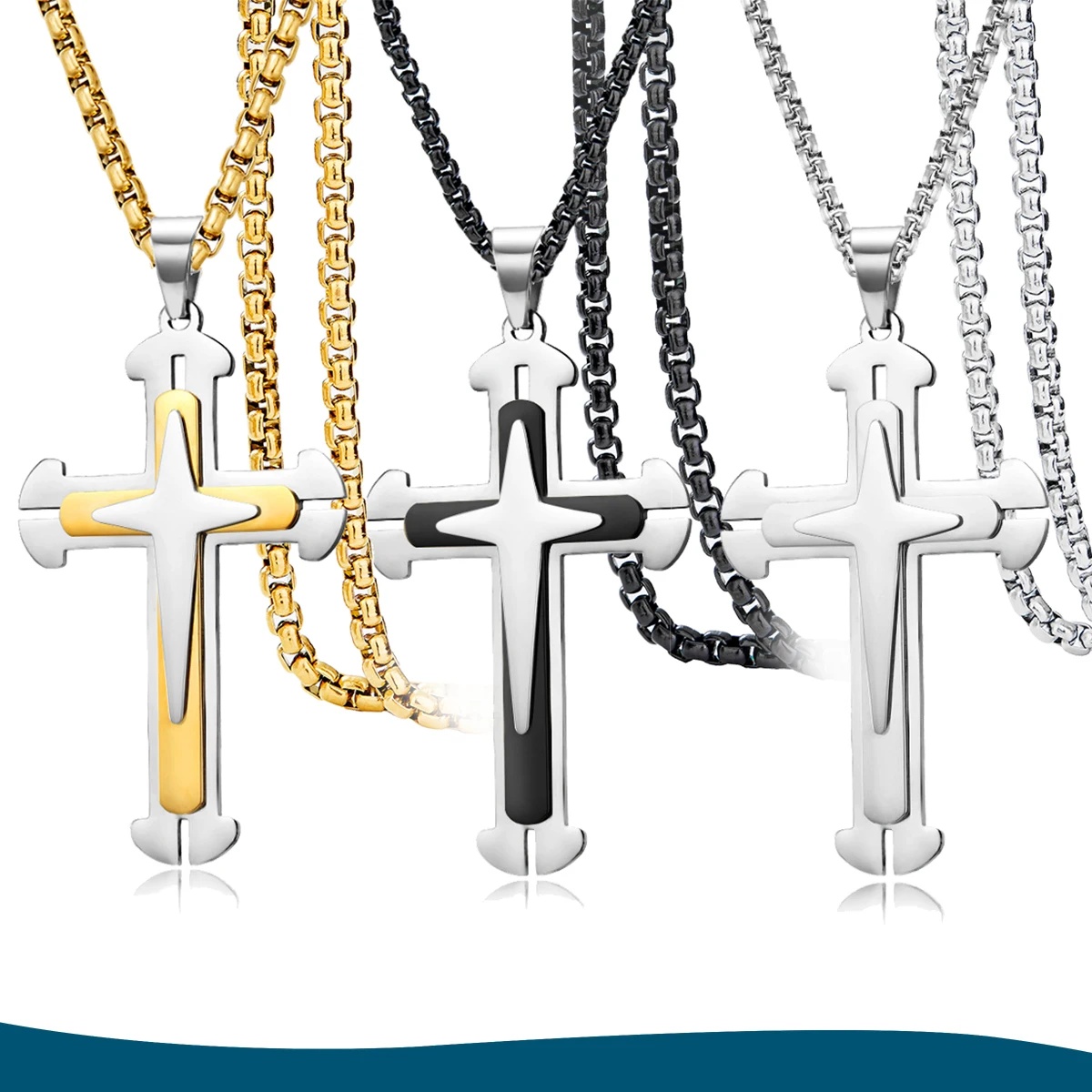 

Men's Stainless Steel Cross Pendant Necklace - 61CM Box Chain (Silver, Black, Gold) - Religious Jewelry Gift for Men