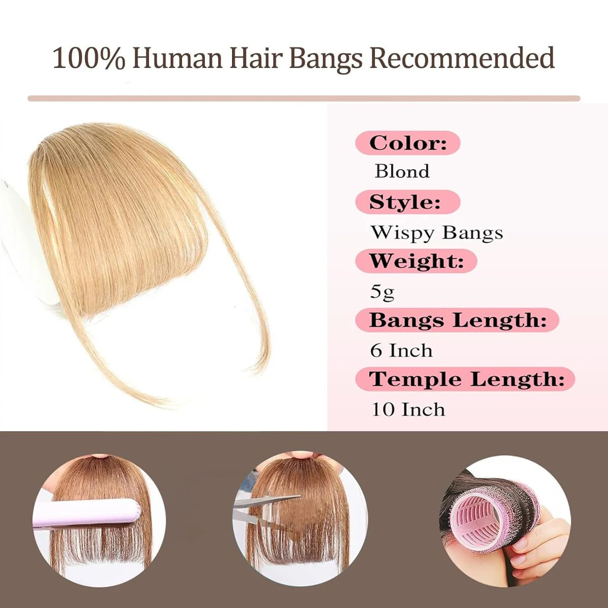 شعر بشري غرة فرنسية مع معابد، إكسسوارات شعر منحنية هامشية، مشبك في الانفجارات الهوائية، قطع شعر كاواي تغيير سريع