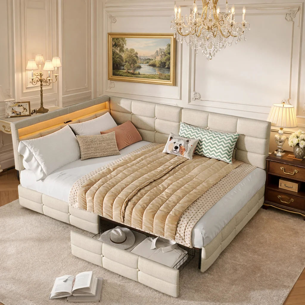 Gestoffeerd bed 90x200 cm met opberglades, slaapbank met LED en USB-oplader, linnen platformbedframe met lattenbodem, multifunctioneel opbergbed, ruimtebesparend logeerbed, kinderbed, tienerbed,