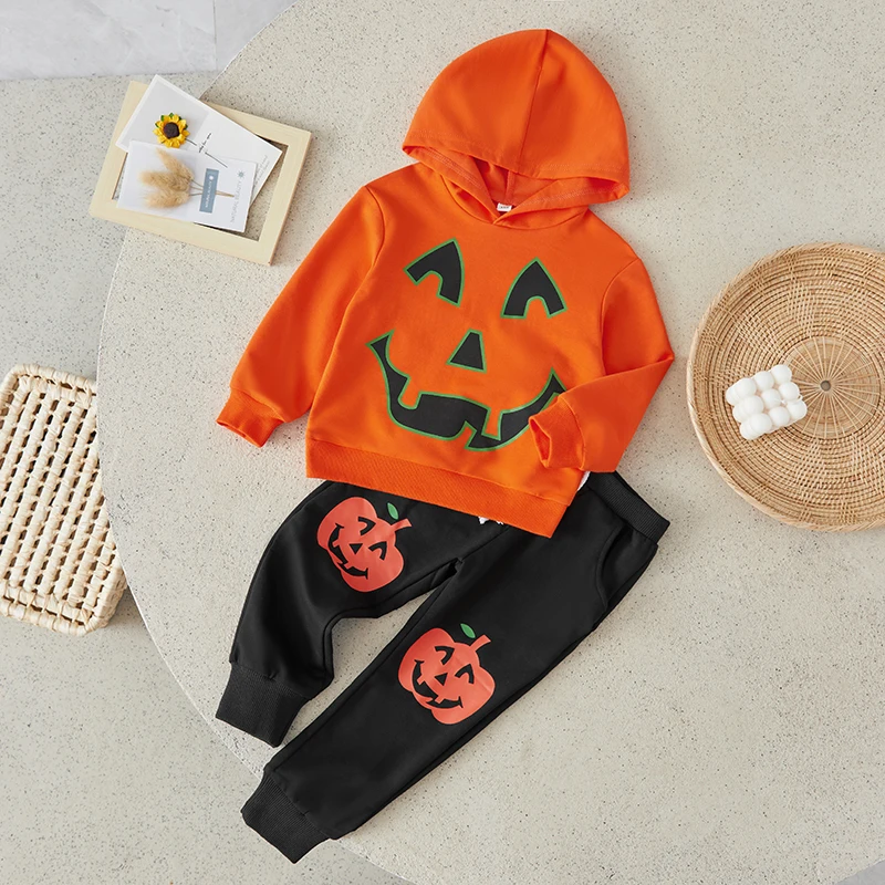 

Suefunskry Kids Halloween Outfits Pumpkin/Skeleton Print Long Sleeve Hood Pullover Sweatshirt Long Pants Fall 2Pcs Set 3-7Years