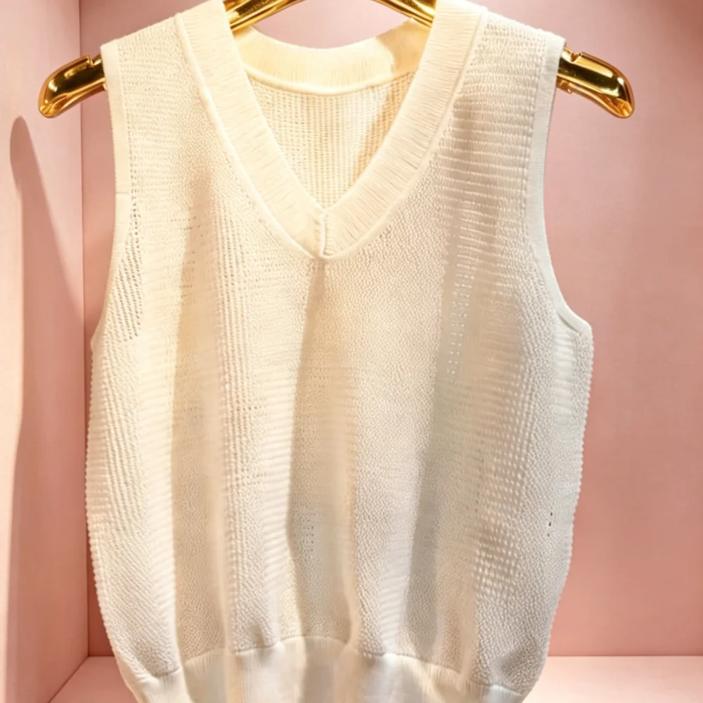 

2026 Summer White Knit Vest Women V Neck Sleeveless Hollow Out Knitted Sweater Waistcoat 001