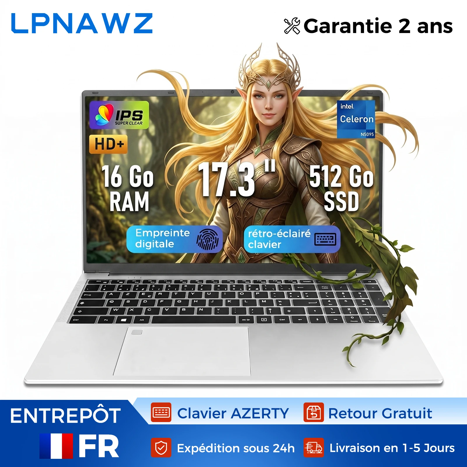 PC Portable 17,3" Quad-Core 16Go RAM 512Go SSD - Film Clavier AZERTY Français Haute Qualité - Windows 11 - Laptop Bureau Études Loisirs - Expédition France 1-5J - Pack Accessoires Offert : Souris &