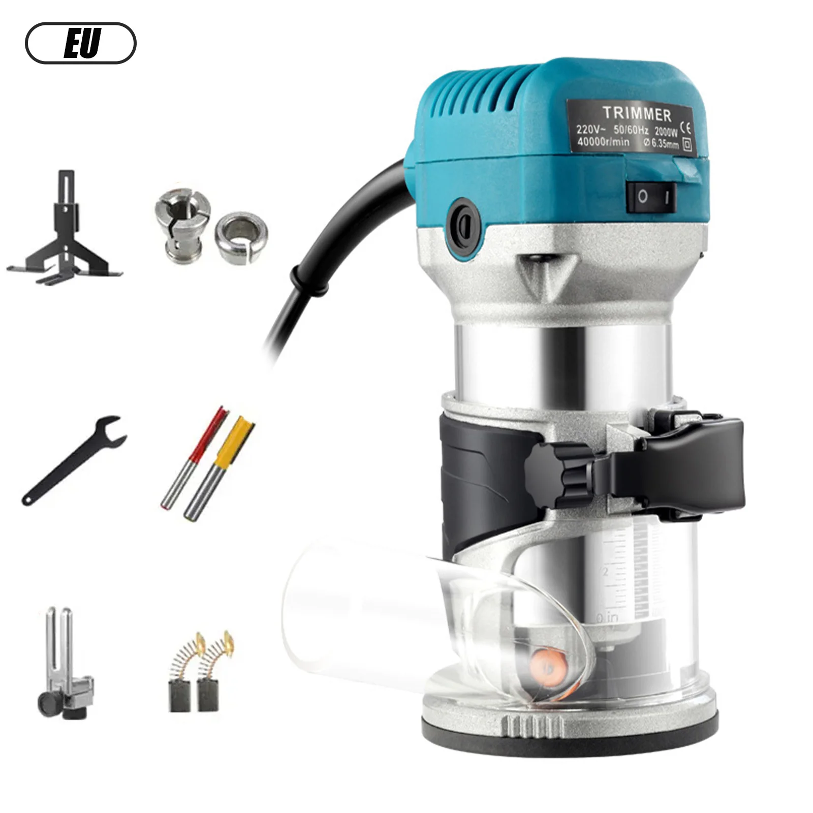 2000W Elektrische Holzfräse mit 1-6 Geschwindigkeitsstufen, Sanftanlauf, 6,35mm 8mm Spannzange, Holzbearbeitungs-Kantentrimmer, Schnitz- und Nutfräsmaschine