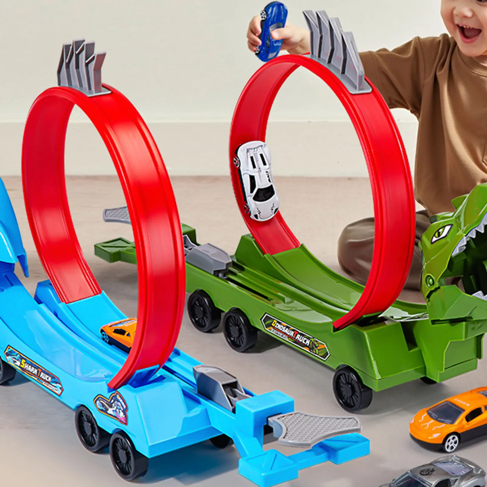 Juego de rampa de coche de carreras de juguete de pista de dinosaurio Flexible, juego de juguetes de coche transformador, rotación de 360 grados, juguete interactivo de empuje y Go, 5 uds.