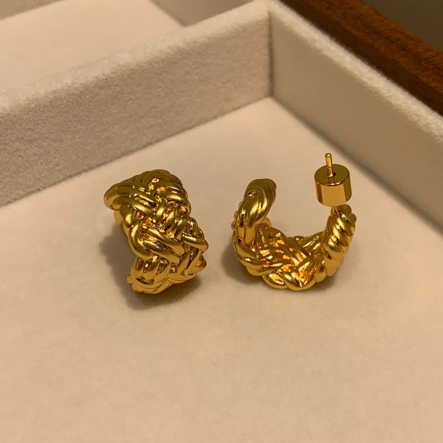 YAJUNIEL 24K Real Gold Plated Woven Texture C Hoop Earrings for Women Hypoallergenic Brass Braided Semi Hoop Brand Earrings