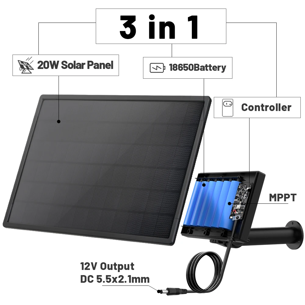 20W Solar Panel DC 12V High-Efficiency Monocrystalline IP66 Waterproof Solar Battery Charger For Hunting Camera Outdoor Camping