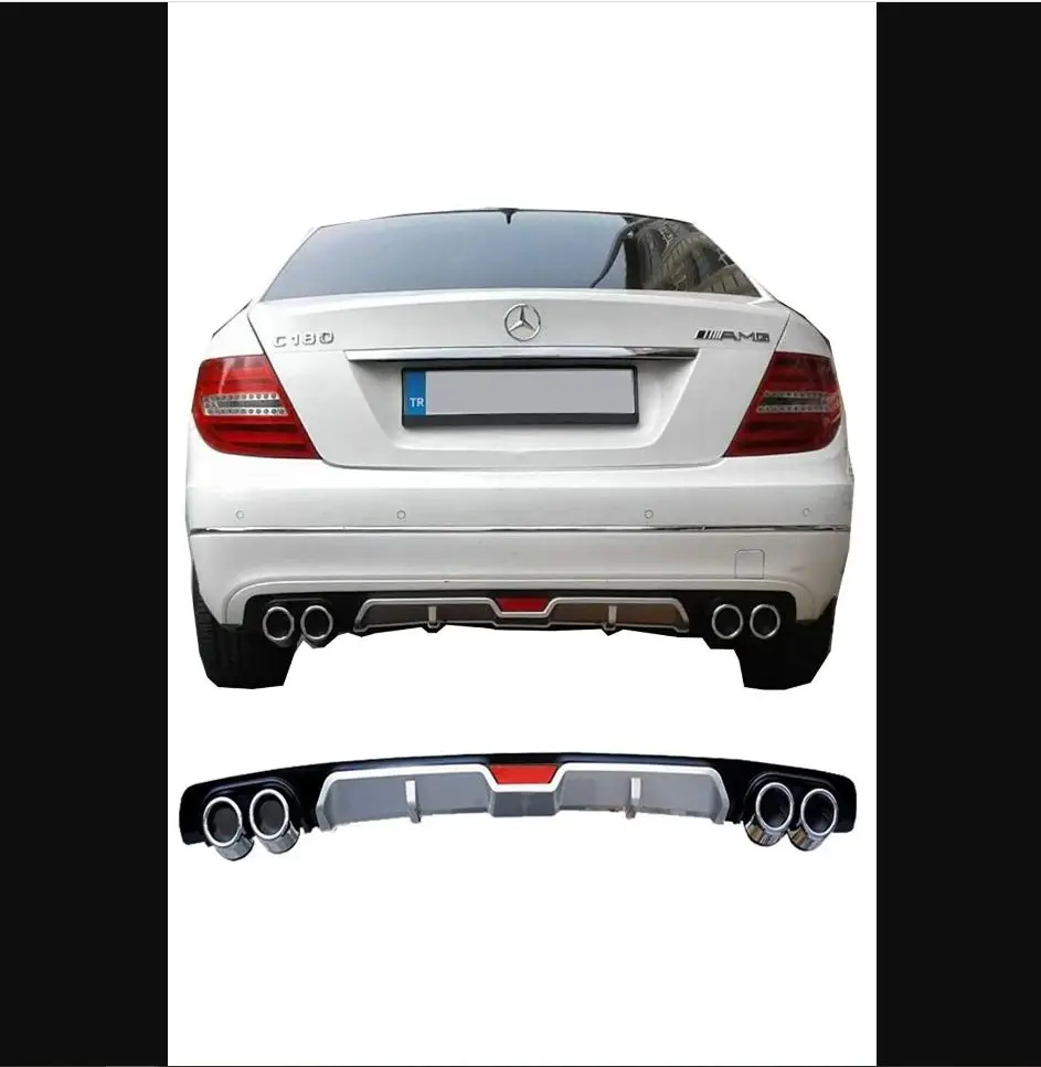 For Mercedes C204 C180 Rear Diffuser Universal Black or Gray + Four Chrome Exhaust View 2007 To 2013 Models - Spoiler Wings Lip