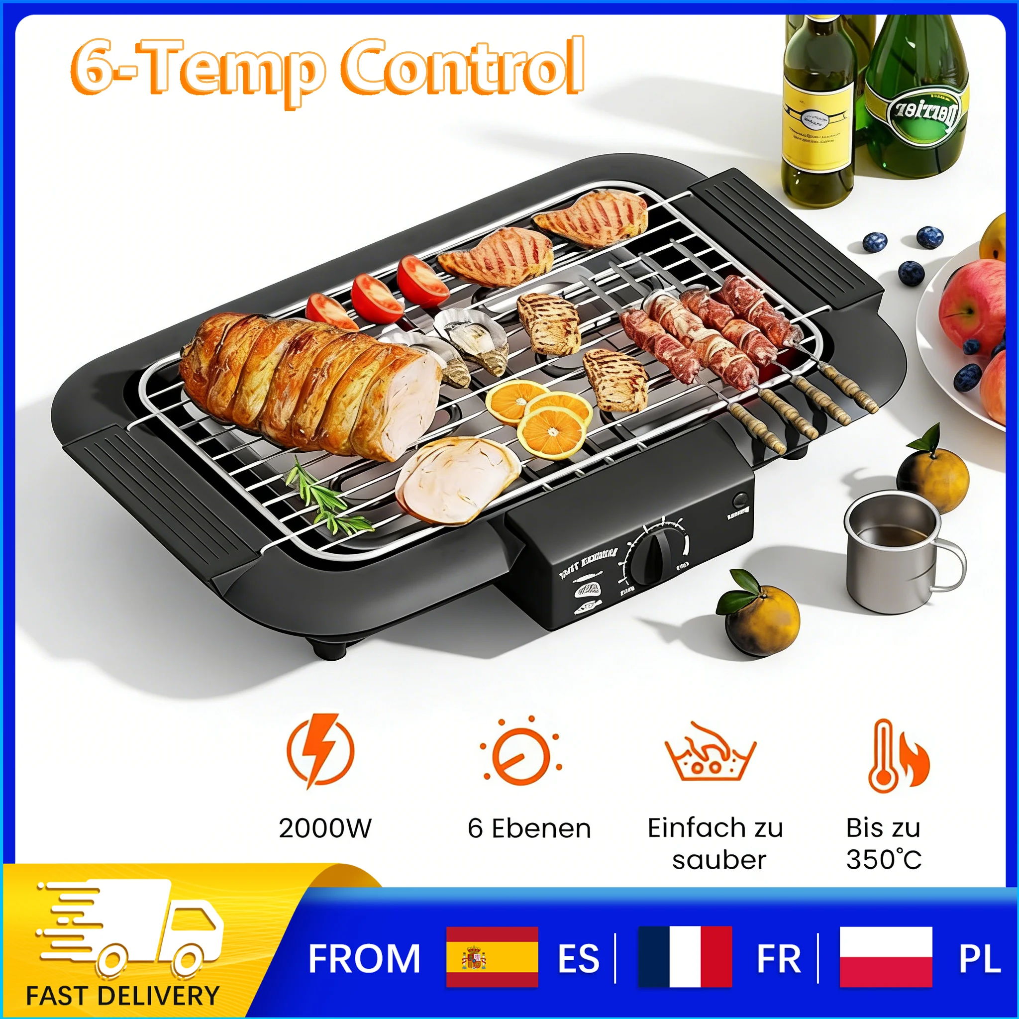 Parrilla Eléctrica para Interiores/Exteriores, Parrilla Portátil de Mesa de 1800W con 6 Niveles de Temperatura Ajustables (Hasta 350°) ° C), Bandeja de Grasa Extraíble, Bajo Nivel de Humo para Fiestas de Camping en el Patio Trasero